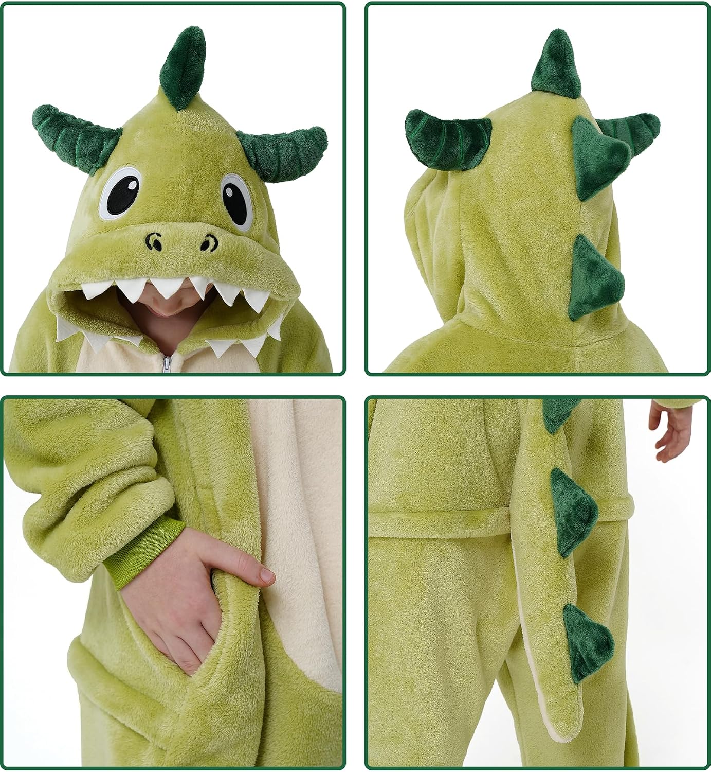 Detalle 1 de Dxilm Kids Dinosaur Onesie Costume, Flannel Pajamas with 3D Hood and Tail