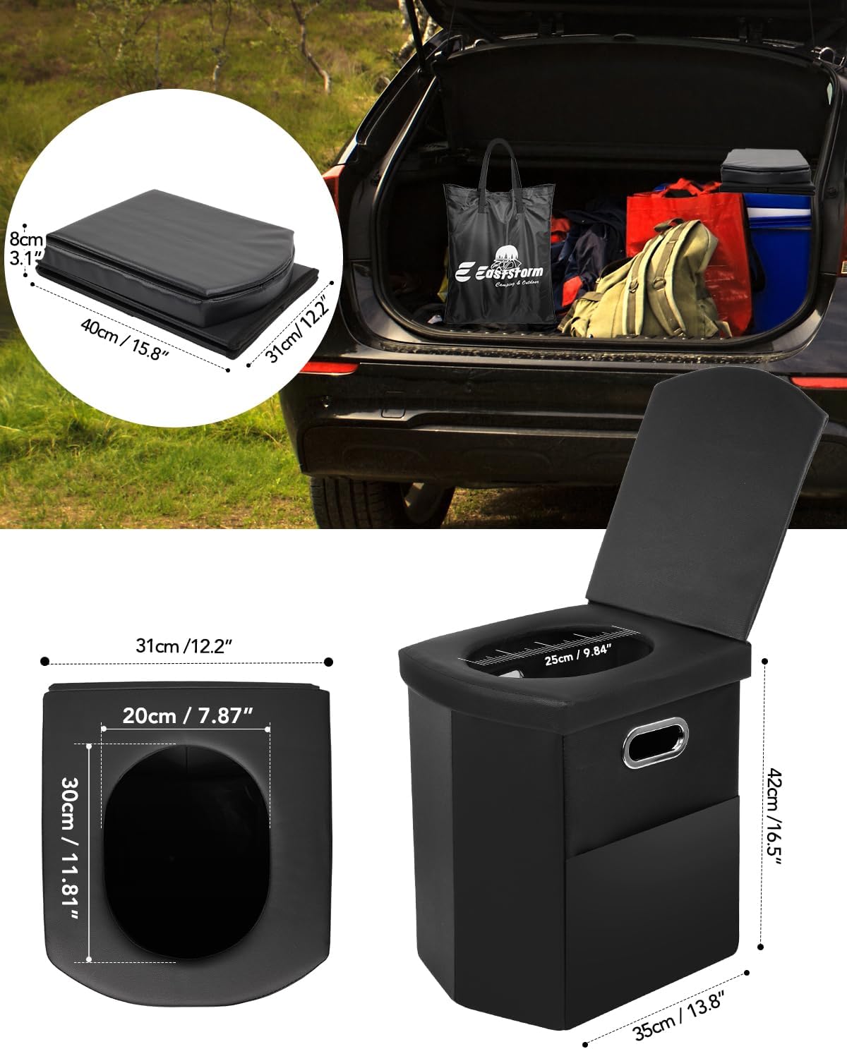 Detalle de E EASTSTORM Faltbare Campingtoilette – 42 cm Sitzhöhe, belastbar bis 200 kg, kompakt & vielseitig