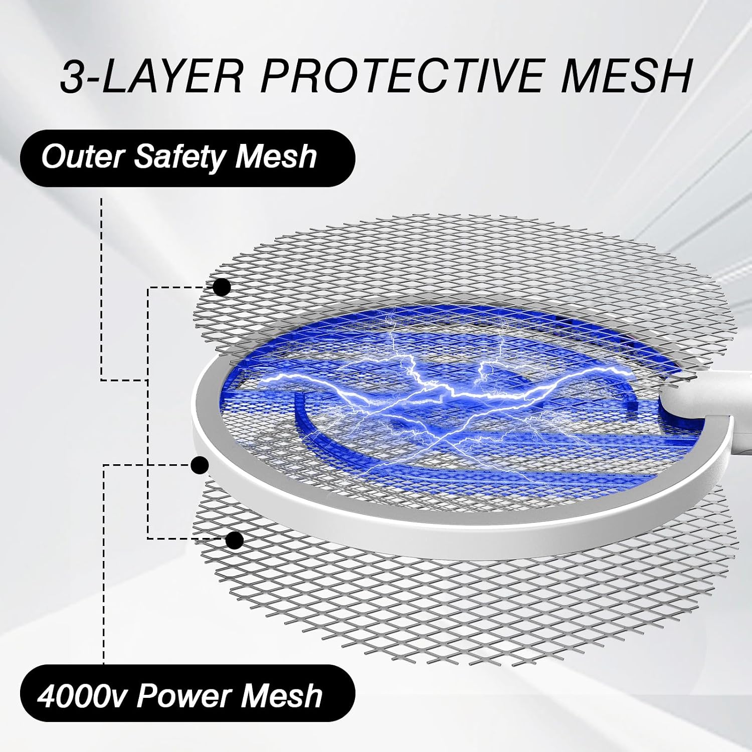 Detalle de GooQand WD-942 Electric Bug Zapper Racket, 4000V, Dual Mode, 3-Layer Mesh