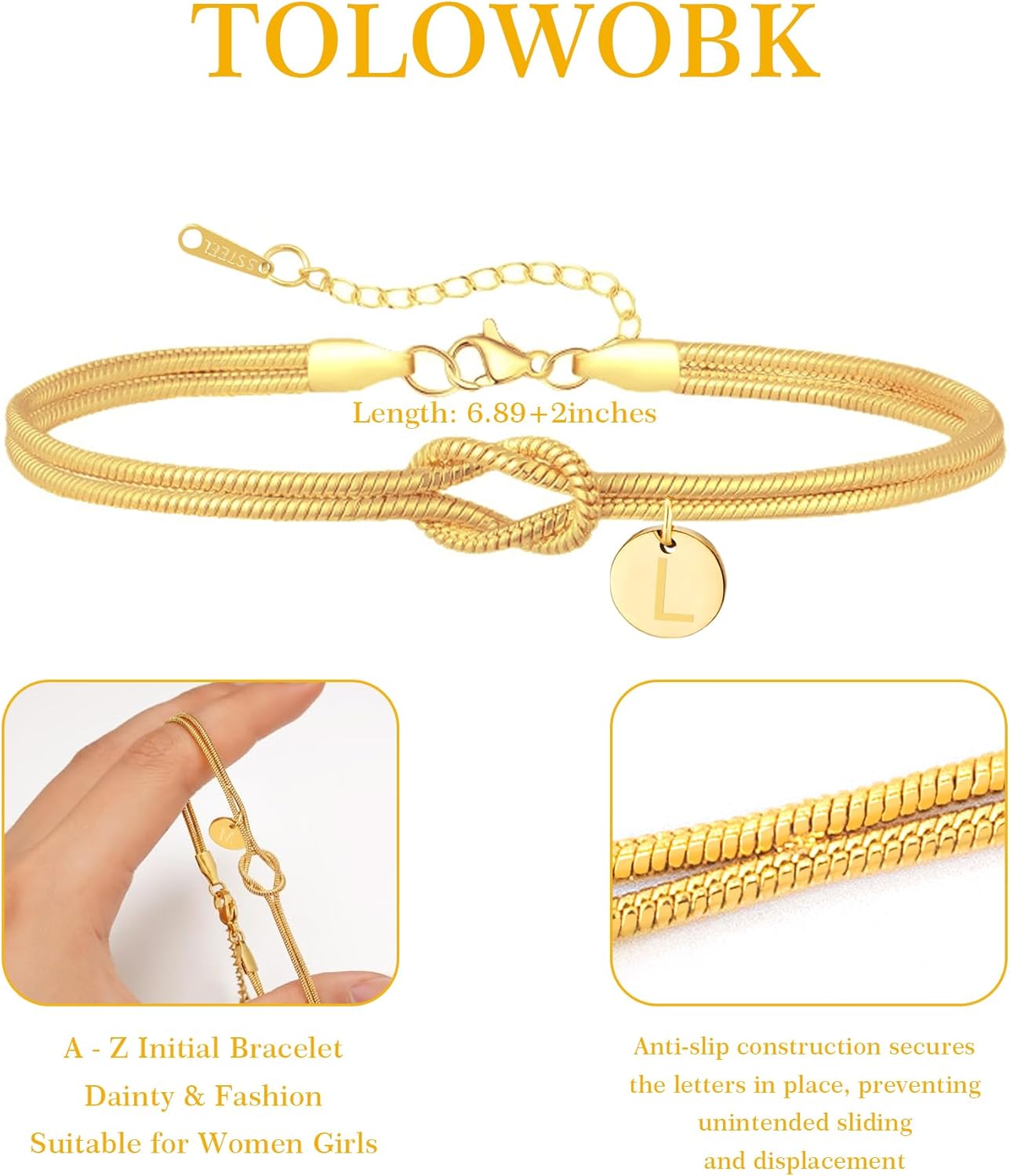 Thumbnail 4 de TOLOWOBK gold initial bracelet with infinity love knot design (18K gold plated 316L stainless steel)