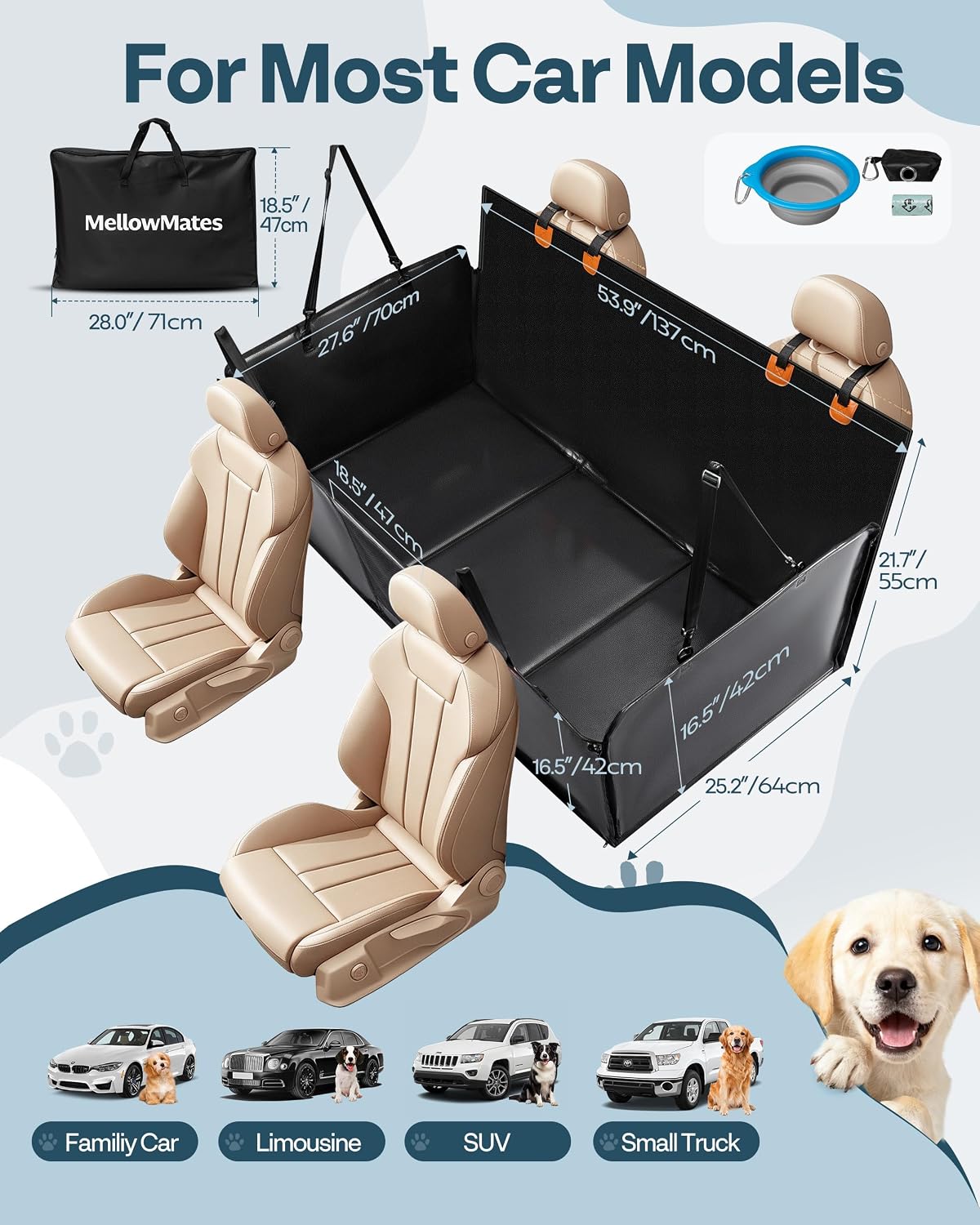 Detalle de MellowMates Dog Car Seat Cover: Hard Bottom Hammock for Large Pets