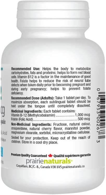 Detalle de Prairie Naturals 00267 Sublingual B12 Tablets with Folic Acid, Cherry
