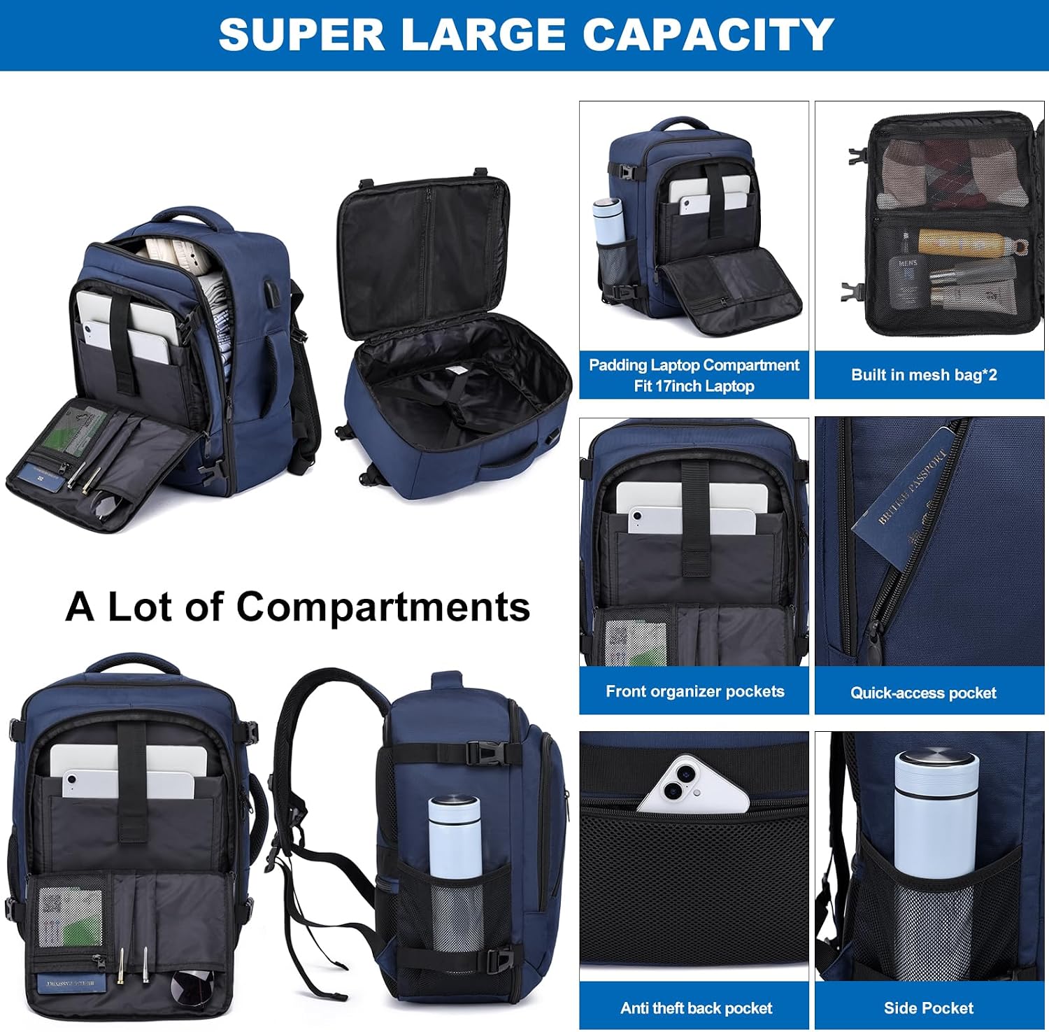 Detalle de Ryanair Cabin Bag 40x30x20 Underseat Travel Backpack (Blue) – 20L with USB Port and 14-Inch Laptop Compartment