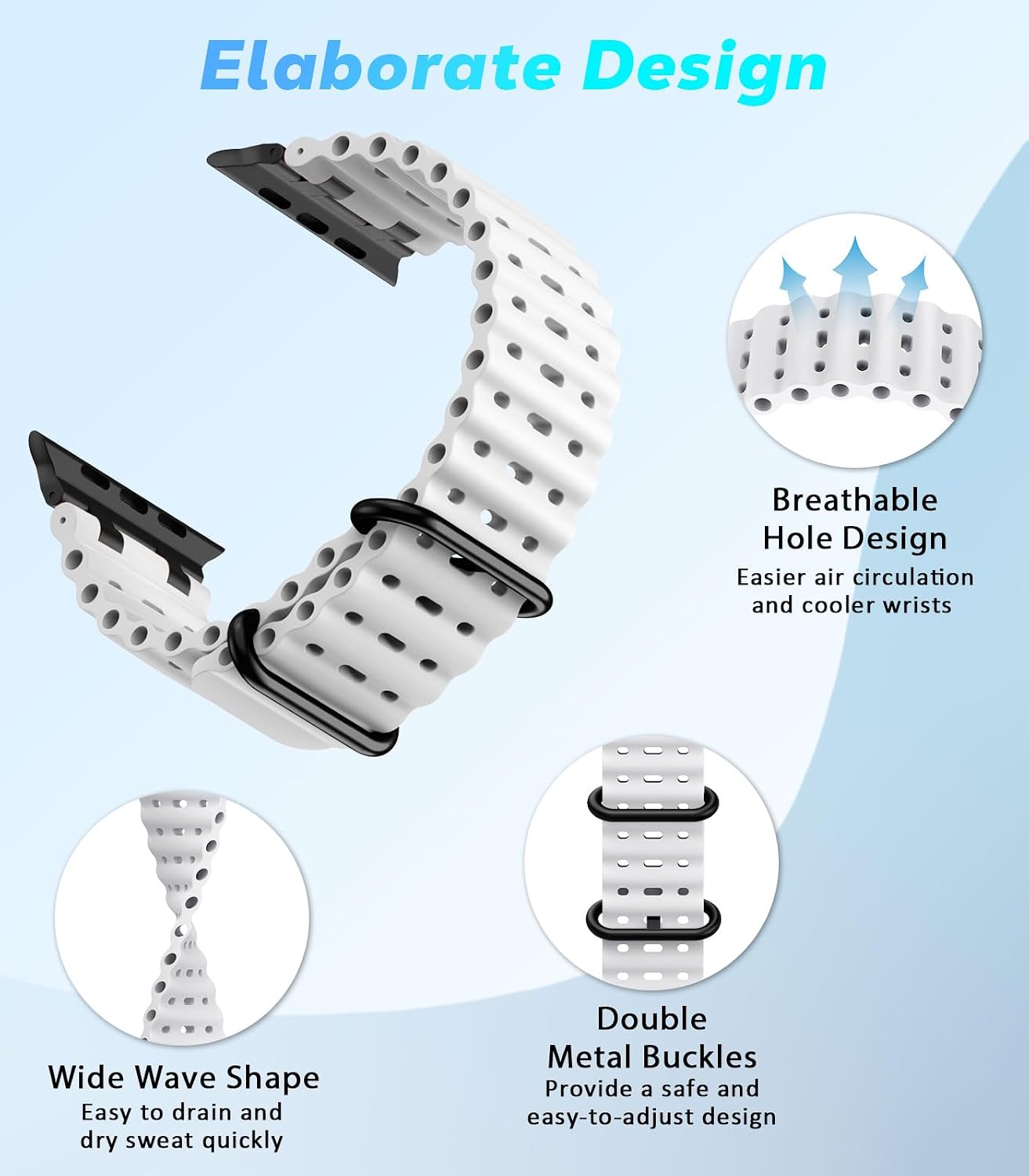 Detalle de Upgraded Ocean Watch Band for Apple Watch: Breathable Silicone with Stainless Steel Connectors
