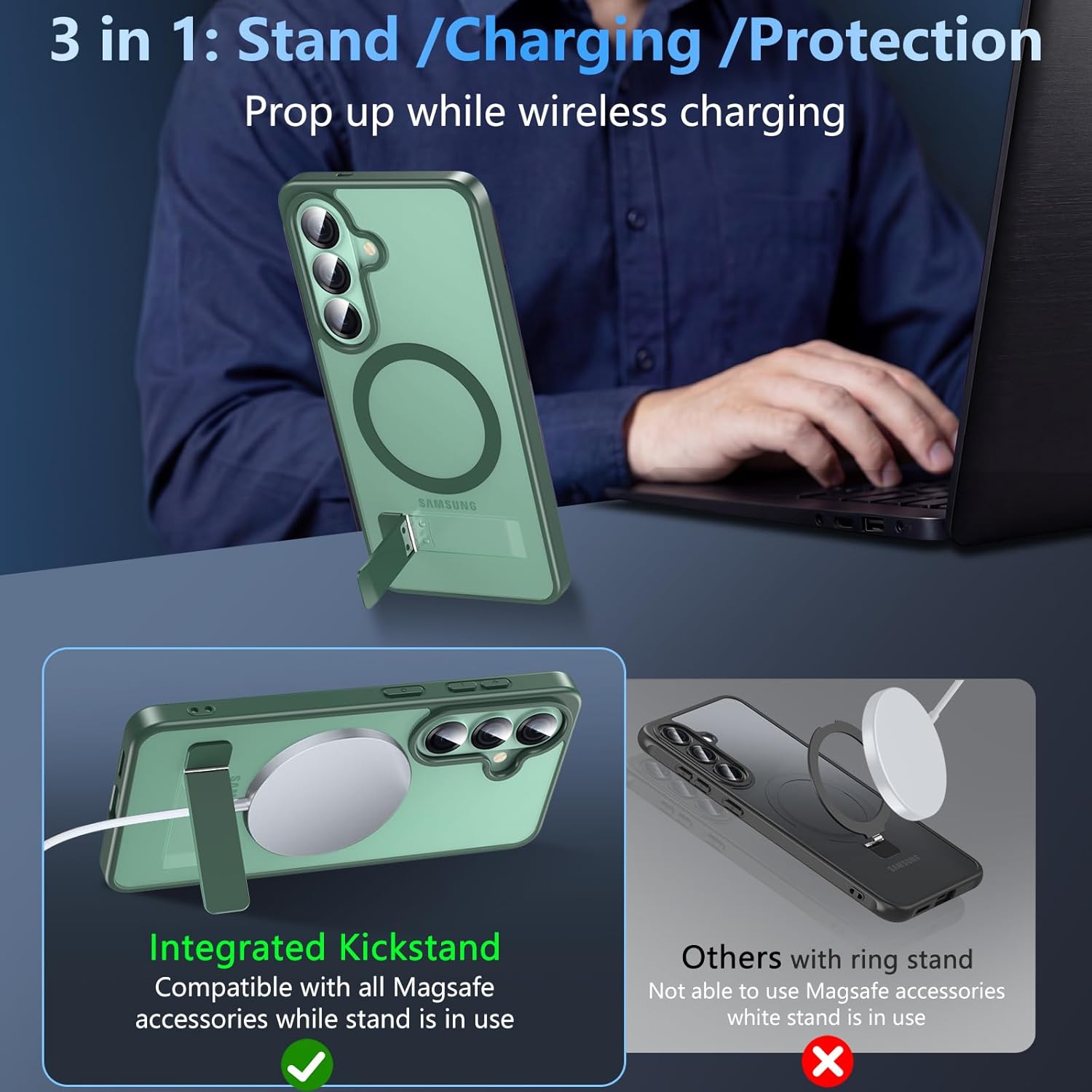 Detalle de Hensinple for Samsung S26 Case with Stand, Magnetic, Screen Protector Included – Green
