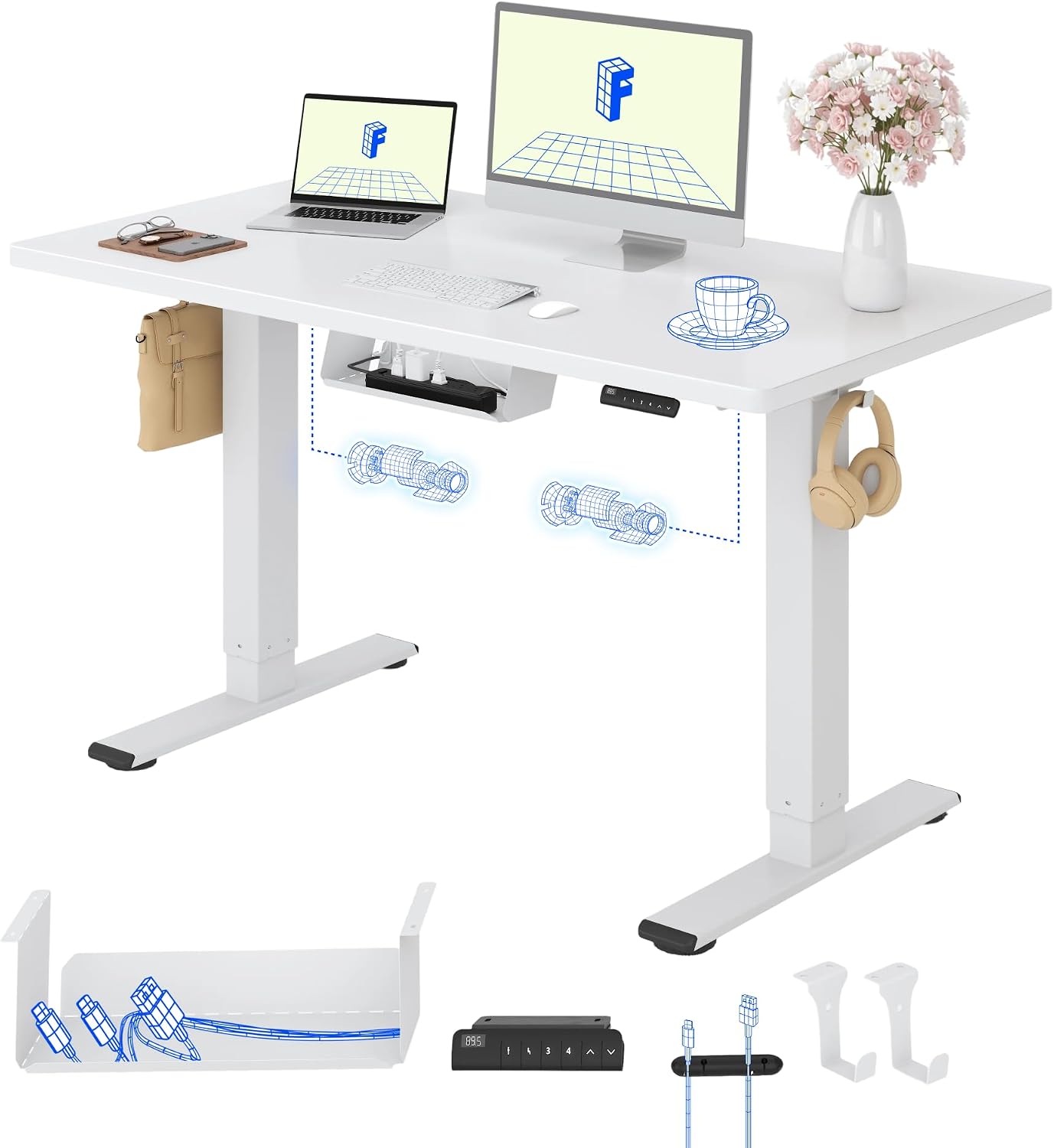 Detalle de FLEXISPOT Höhenverstellbarer Schreibtisch mit Doppelmotorsystem, 120 × 60 cm, Weiß – Komfort und Stabilität im Büro