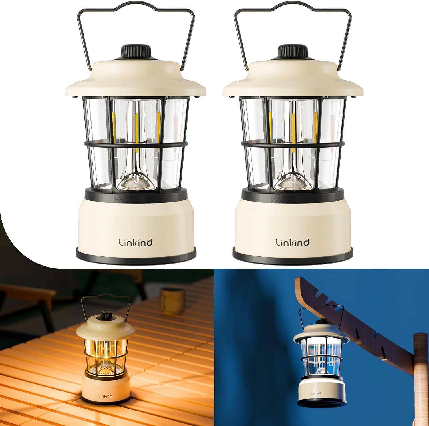 Detalle de Linkind CL1 LED Campinglampe dimmbar – 2er-Set, Vintage-Design, IP44, 200 Std. Warmlicht