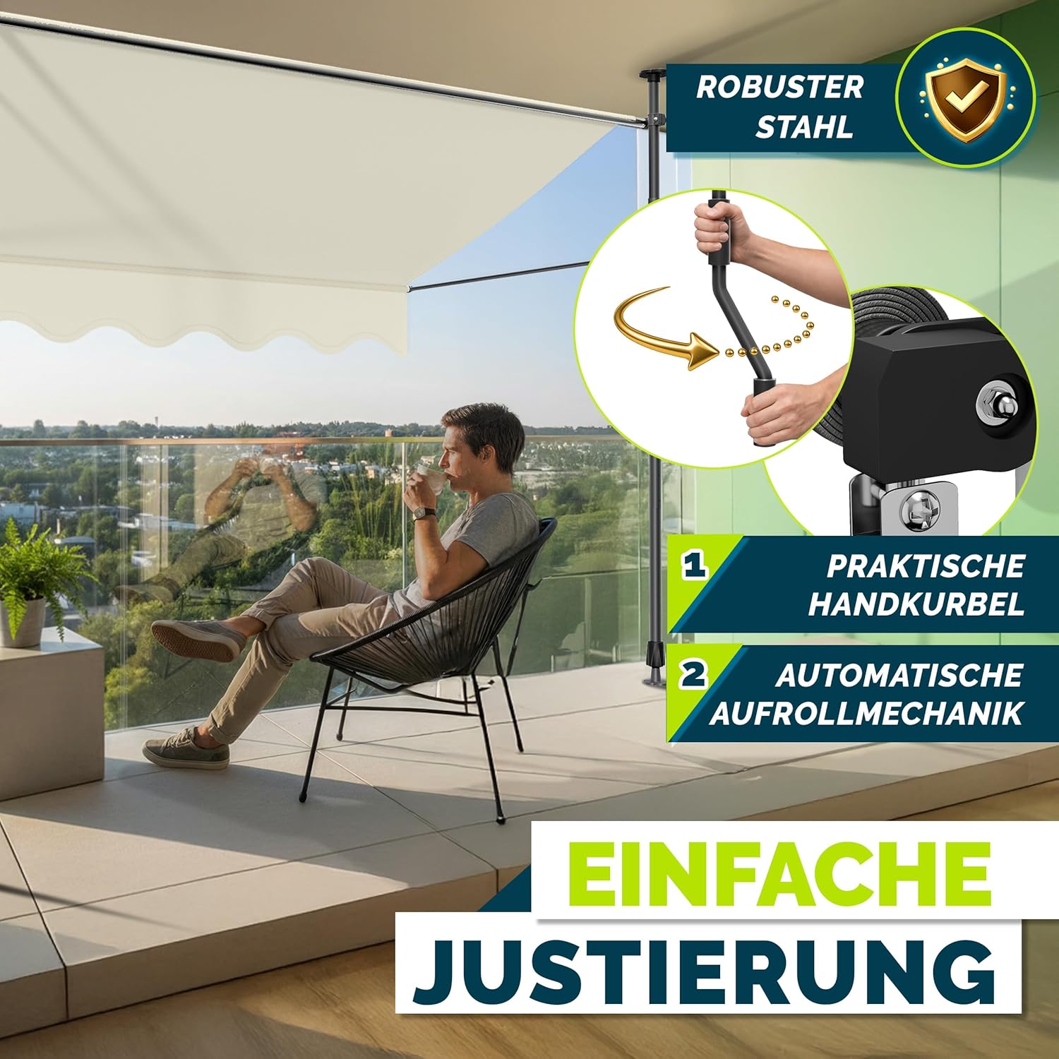 Thumbnail 4 de Tillvex Klemmmarkise mit Handkurbel – Balkonmarkise ohne Bohren, 250 cm breiter Sonnenschutz