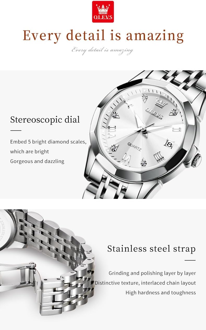 Detalle de OLEVS Montre FemmeAnalogique Quartz — Acier Inoxydable, Étanche 30 m, Diamant Chic
