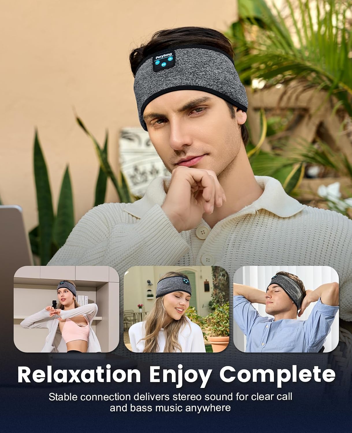 Detalle 1 de Perytong Bluetooth Headband Headphones, Spandex, Bluetooth 5.4, 40mm Drivers