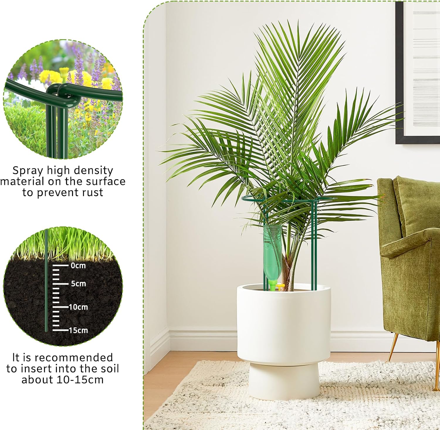Detalle de LyTaispuly 8 PCS 60cm High Plant Support Stakes – Strong Green Half-Round Rings with Self-Watering Spikes