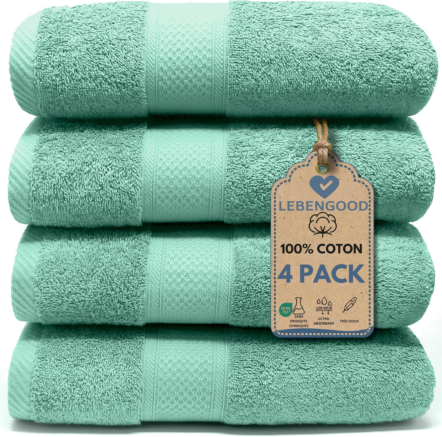 Thumbnail 6 de LEBENGOOD Lot de 4 Serviettes de Bain 100% Coton – Douche et Toilette Douche