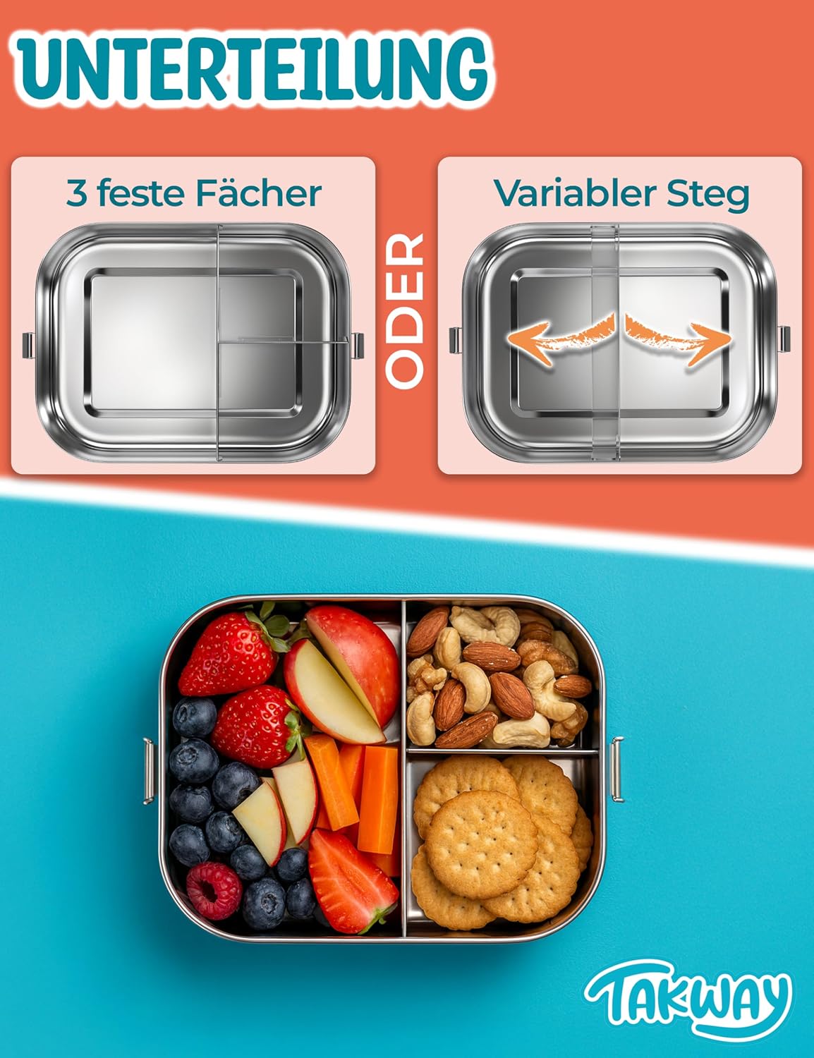 Thumbnail 2 de TAKWAY Edelstahl Brotdose 800ml mit Fächern – Auslaufsichere Bento Box für Kinder und Erwachsene