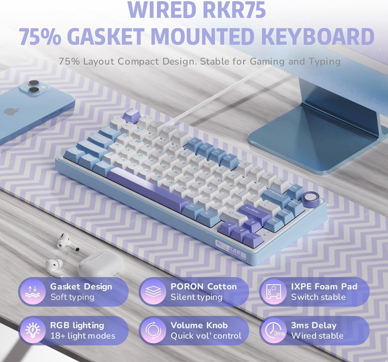 Thumbnail 1 de RK ROYAL KLUDGE R75 Mechanical Keyboard with Volume Knob – 75% Layout, Gasket Mount, Red Switches, US Layout