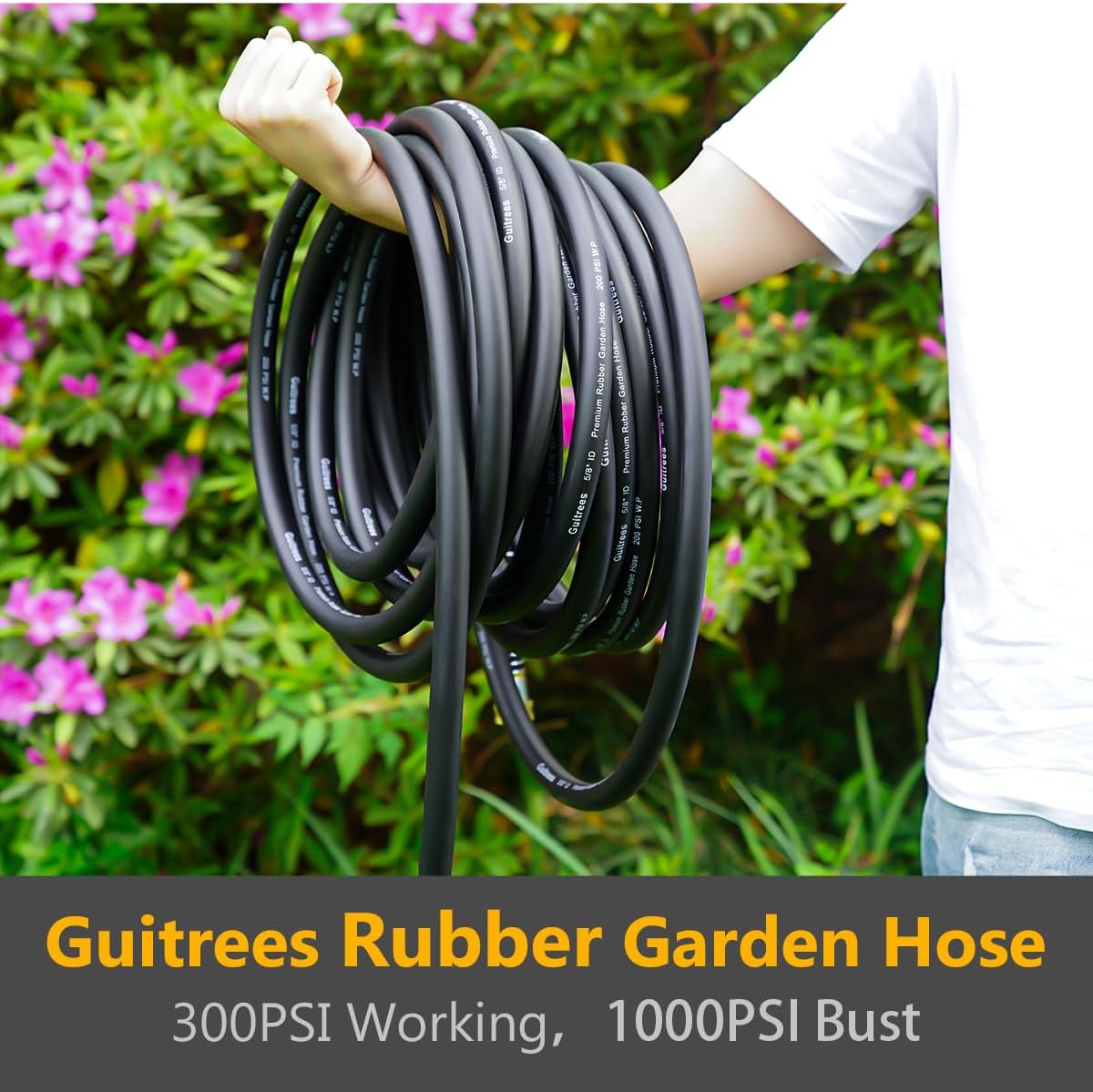 Detalle 1 de Guitrees 50 ft 3/4-Inch Heavy-Duty Rubber Garden Hose, Five-Layer Braiding