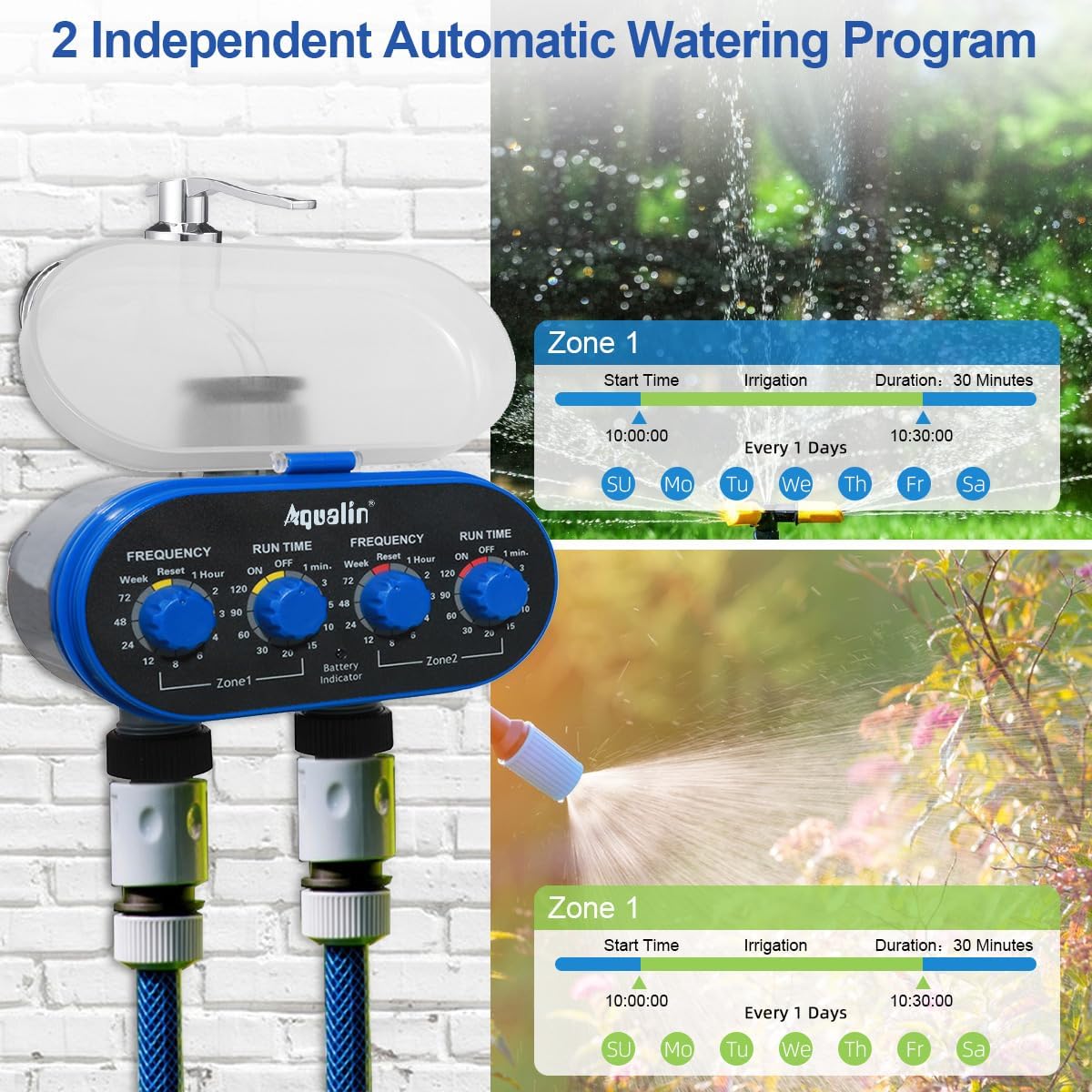 Detalle de Aqualin Hose Water Timer (Blue) electronic watering controller with two outlets