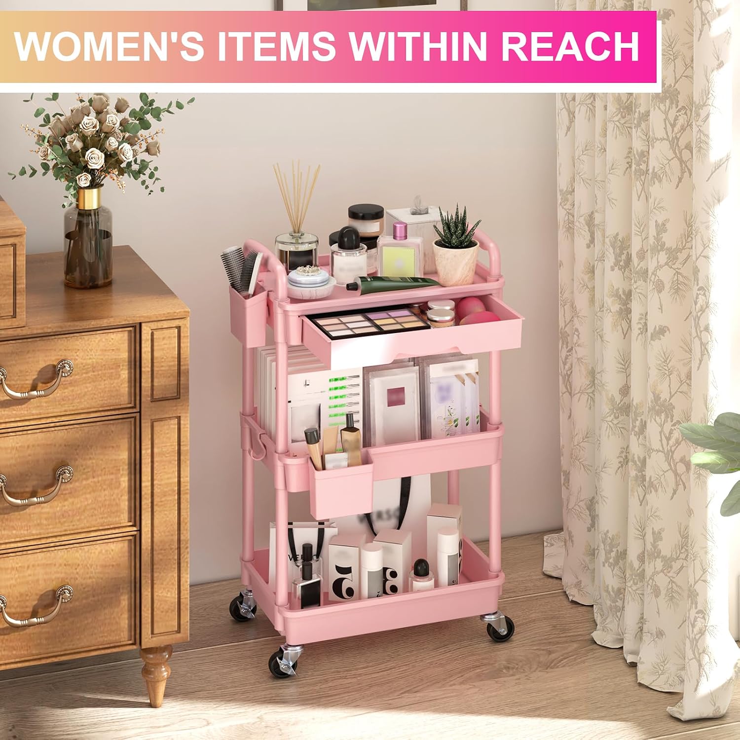 Detalle de Goovilla GV-UC03PK 3-Tier Rolling Utility Cart with Removable Drawer, Pink