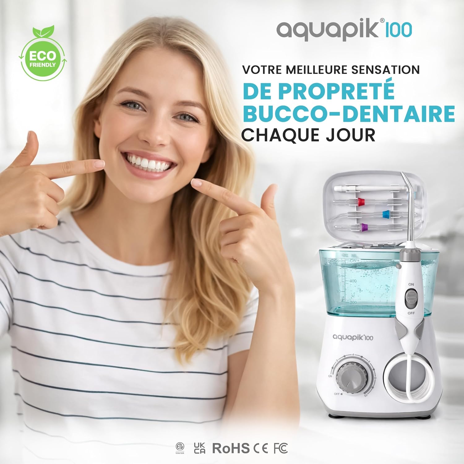 Detalle de Aquapik Hydropulseur – Water Flosser avec 8 embouts et 10 niveaux de pression