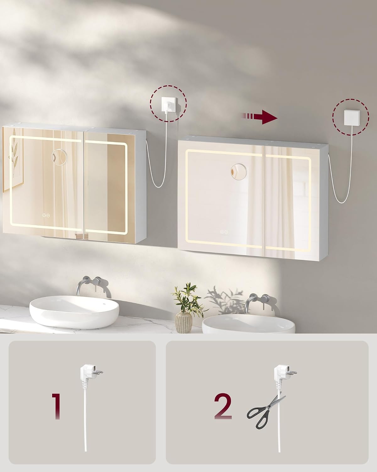 Detalle de VASAGLE Kailyn Collezione – Armadietto a Specchio da Parete per Bagno con LED e Presa Multipla (Bianco, 16,5 x 80 x 60 cm, BBK134W01)