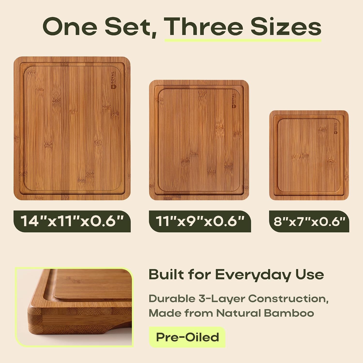 Detalle 2 de ROYAL CRAFT WOOD Carbonized Brown Cutting Board Set, 3-Piece Bamboo