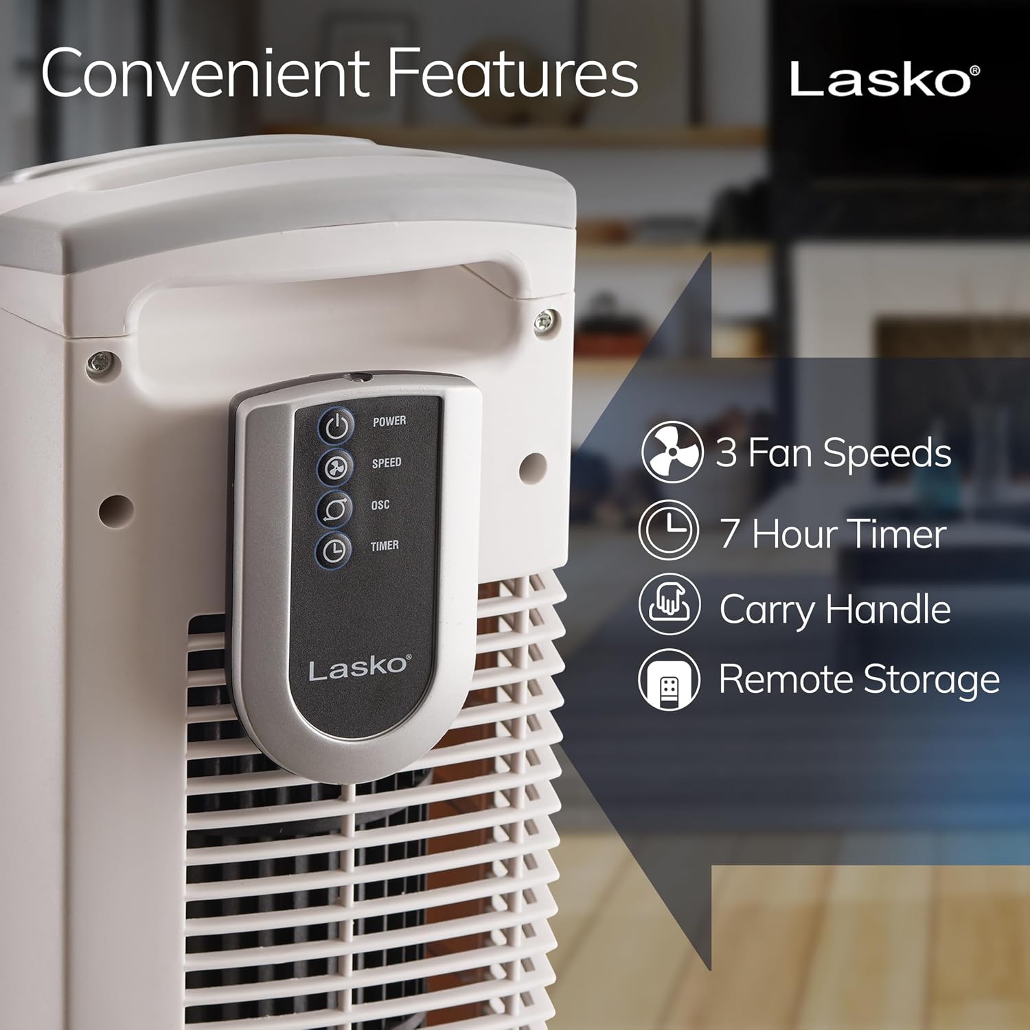 Detalle de Lasko 2510 Oscillating Tower Fan with Remote – Quiet 36" Cooling Ideal for Bedroom, Office, and Home
