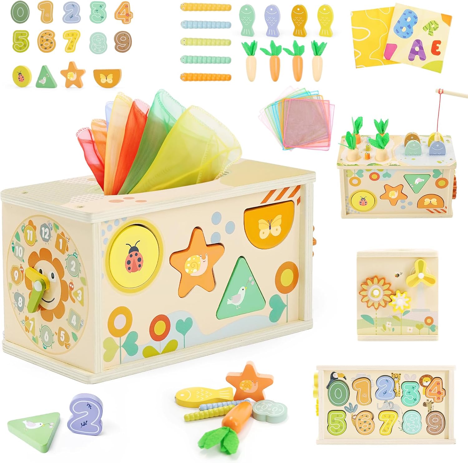 Detalle de Almaxi Montessori 6-in-1 Wooden Tissue Box Toy for 1 Year Olds