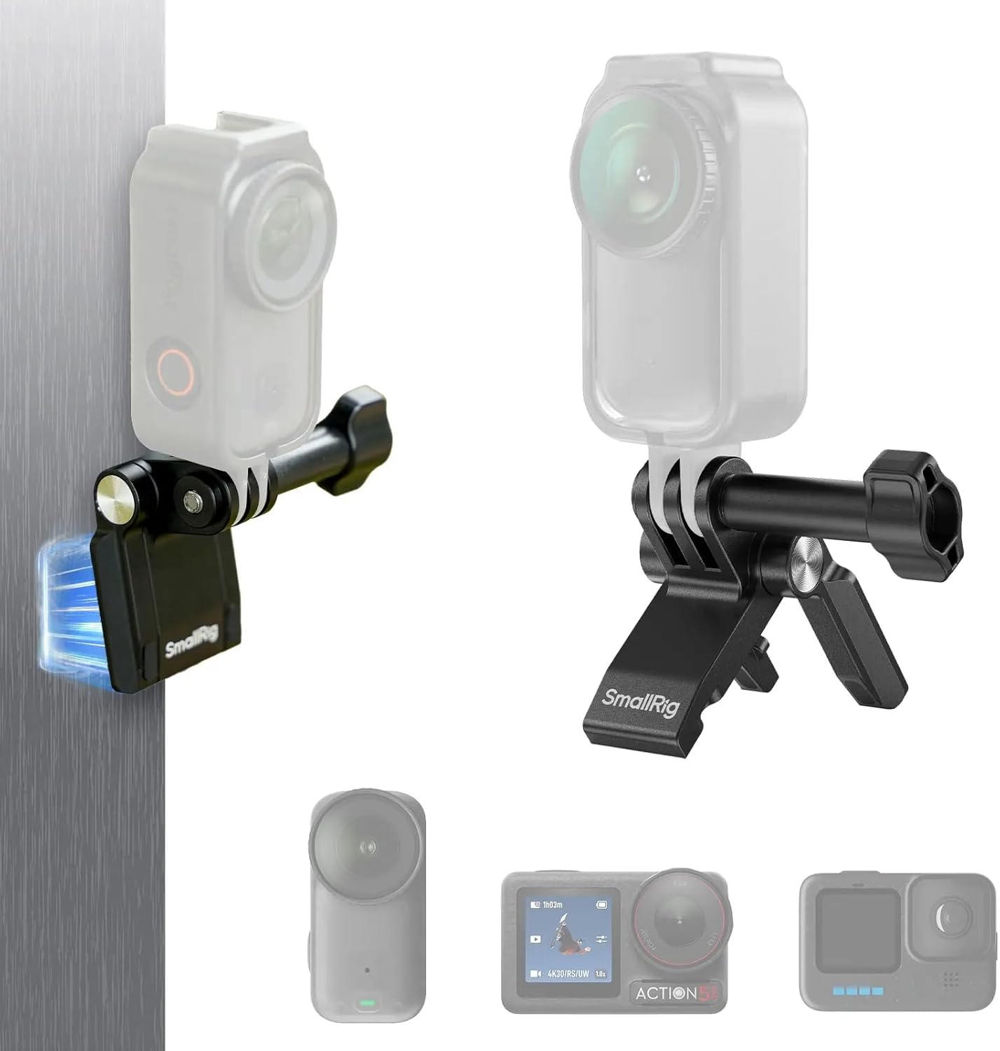 Detalle de SmallRig 5760 Support magnétique pour DJI Osmo Nano/Action 4-5 Pro et GoPro Hero 13/12 avec plaque Arca-Swiss à dégagement rapide