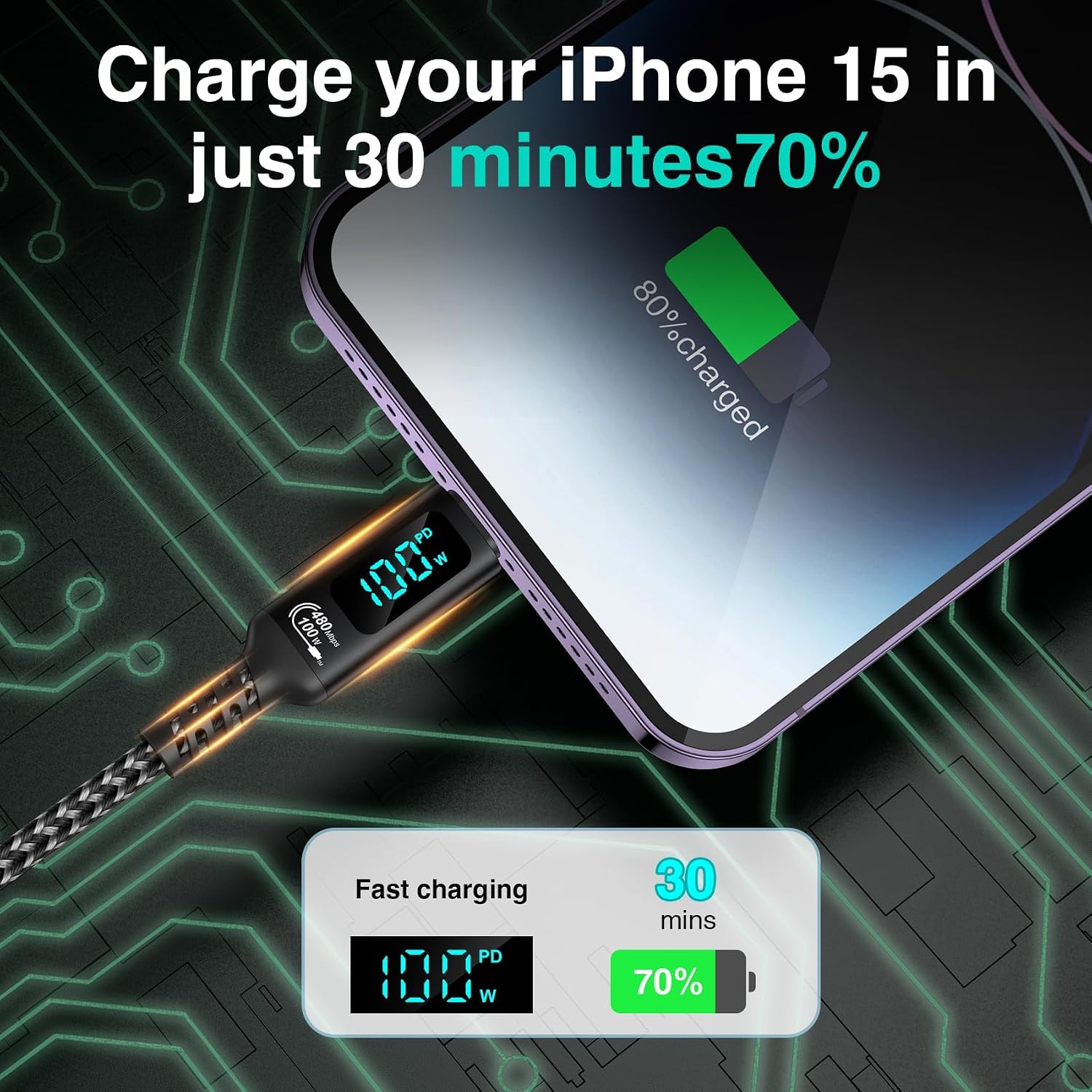 Detalle 2 de USB-C auf USB-C Kabel 100W mit LED, 2×2 m