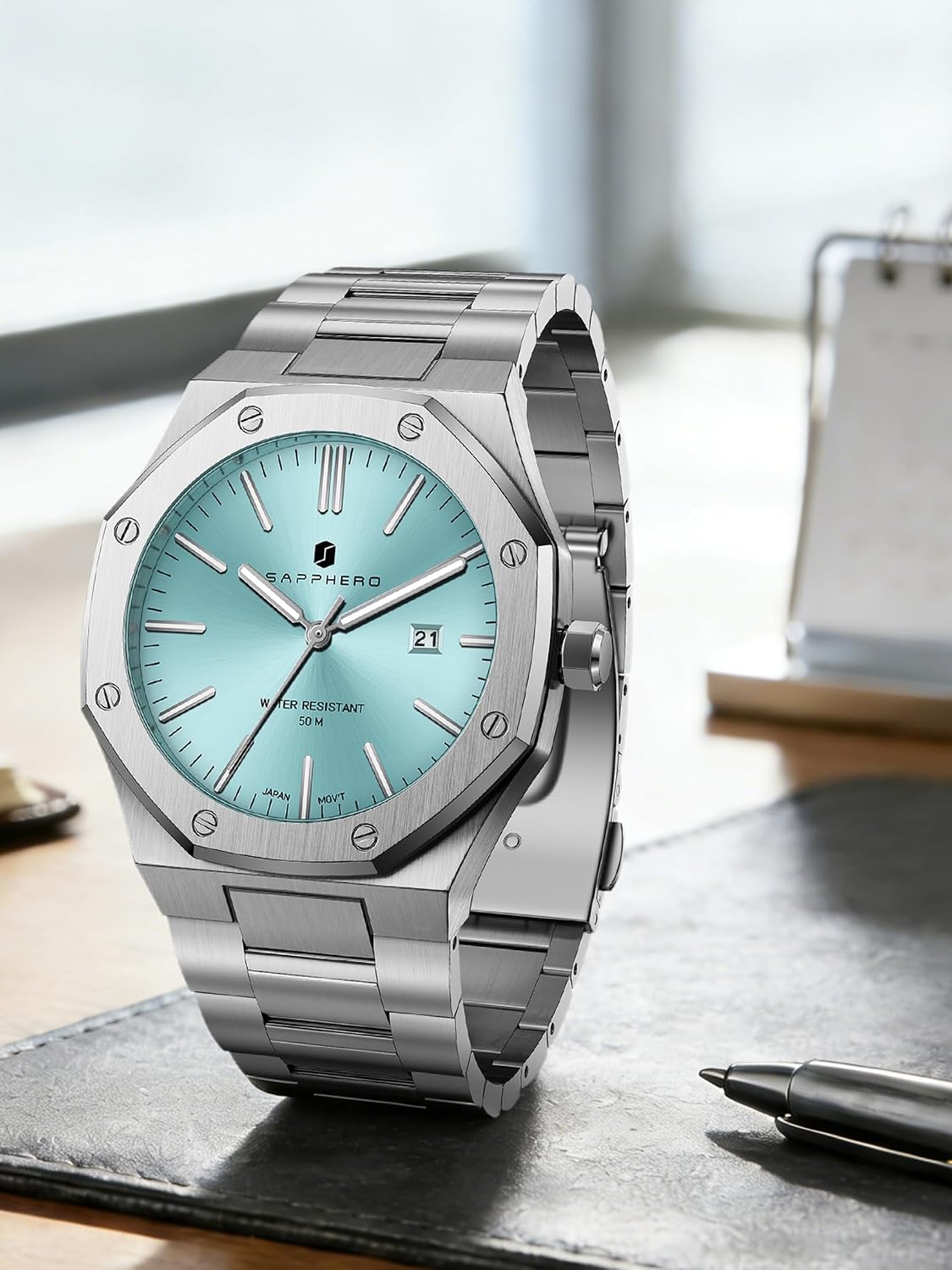 Thumbnail 2 de SAPPHERO Montre pour Hommes en Acier Inoxydable — Montre 50M, boîtier octogonal, quartz japonais, avec date et luminosité