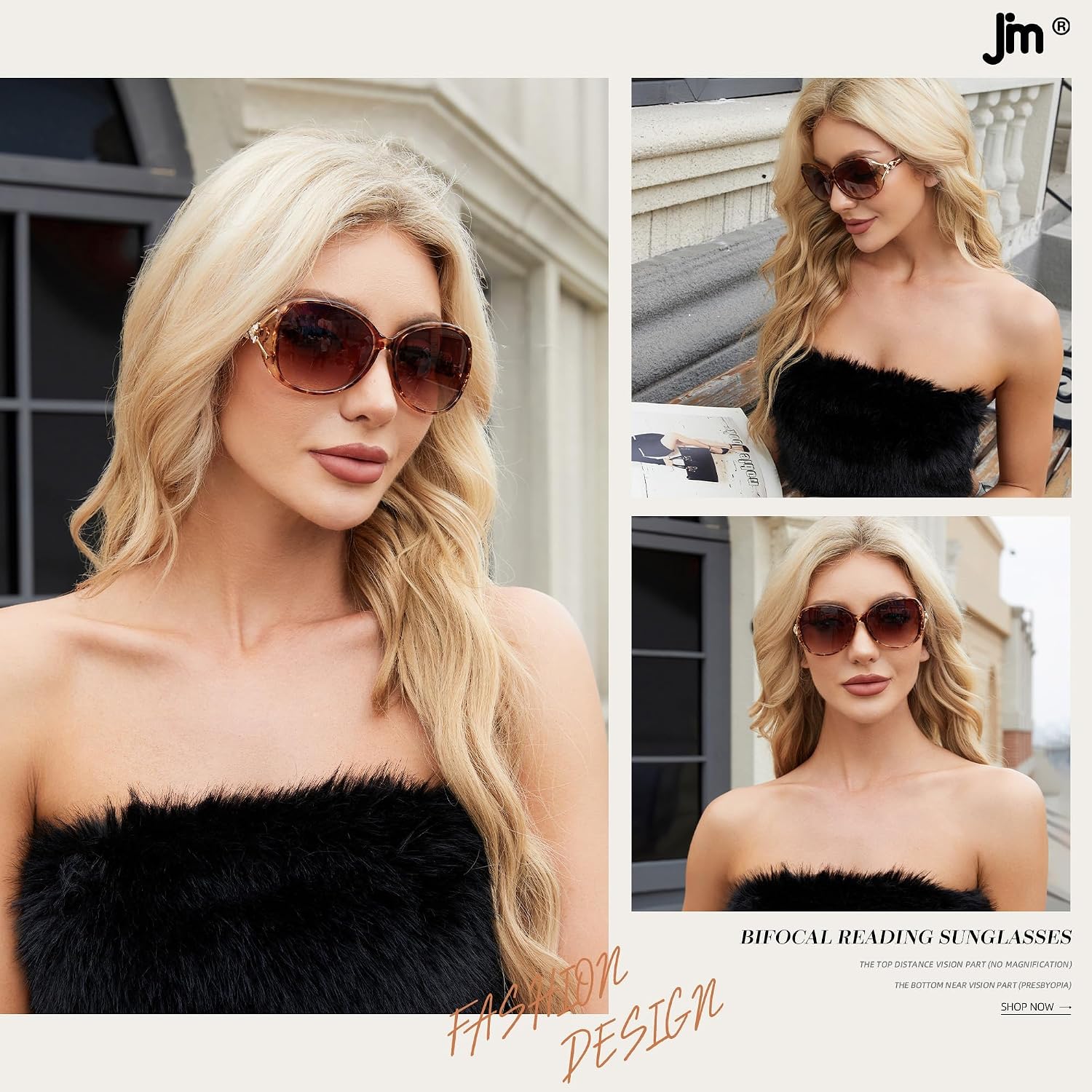 Detalle de JM Classic Bifocal Reading Sunglasses for Women – Vintage Oval Outdoor Readers