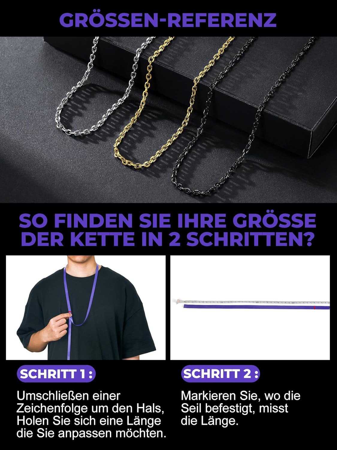 Thumbnail 4 de Richsteel ROLO Halskette Edelstahl – Breite 3/5/7/9/12 mm, Länge 46–76 cm, Silber/Schwarz/Gold