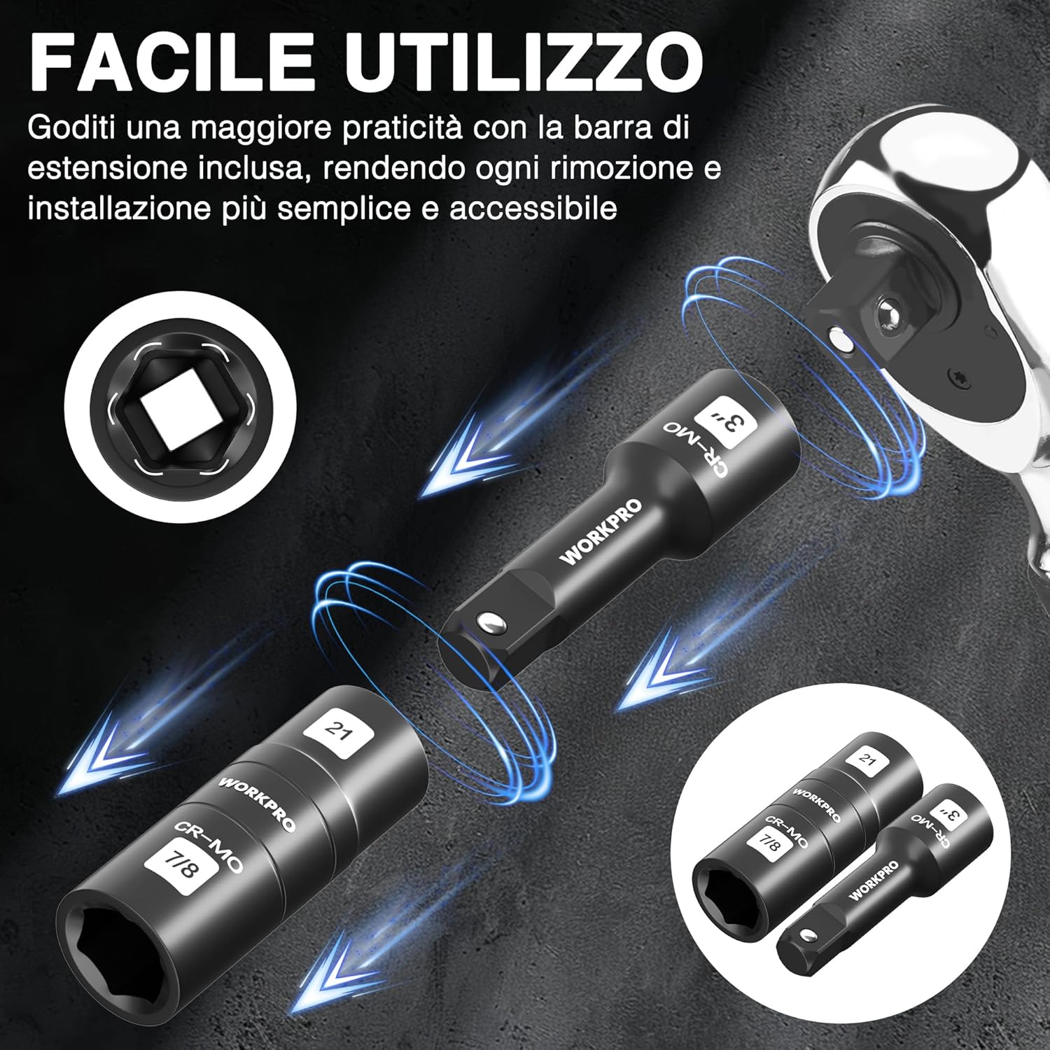 Thumbnail 3 de WORKPRO Set di Bussole a Percussione e Doppia Testa da 1/2'' con Estensione – 6 Misure SAE/Metriche
