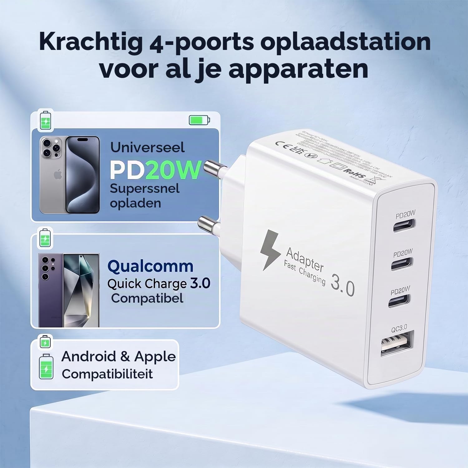 Detalle de Poukey 50W 4-poorts USB-C-lader met 3 USB-C-poorten en kabel van 2 m
