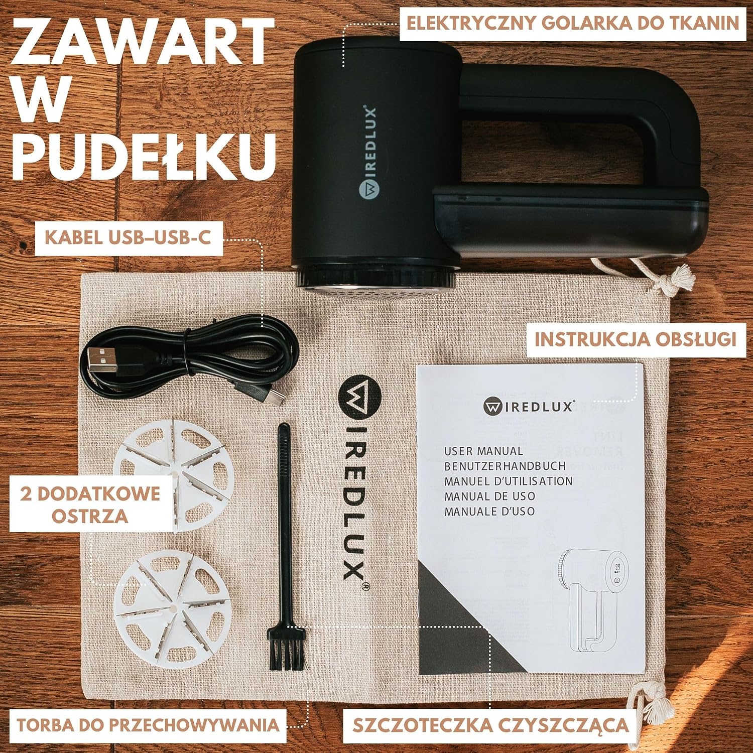 Detalle 2 de WiredLux FS-9955A – elektryczna golarka do ubrań, 3 prędkości, LED, USB-C