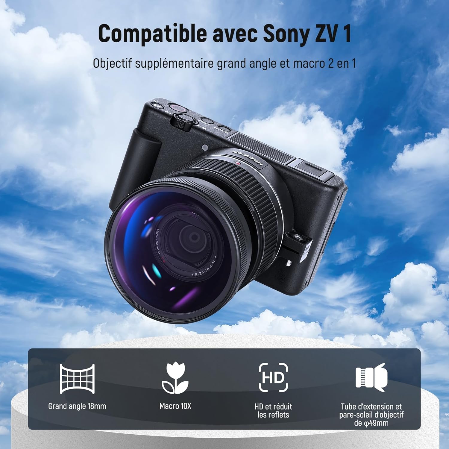 Detalle 2 de NEEWER Objectif grand angle 18 mm 2-en-1 + macro 10x pour Sony ZV1