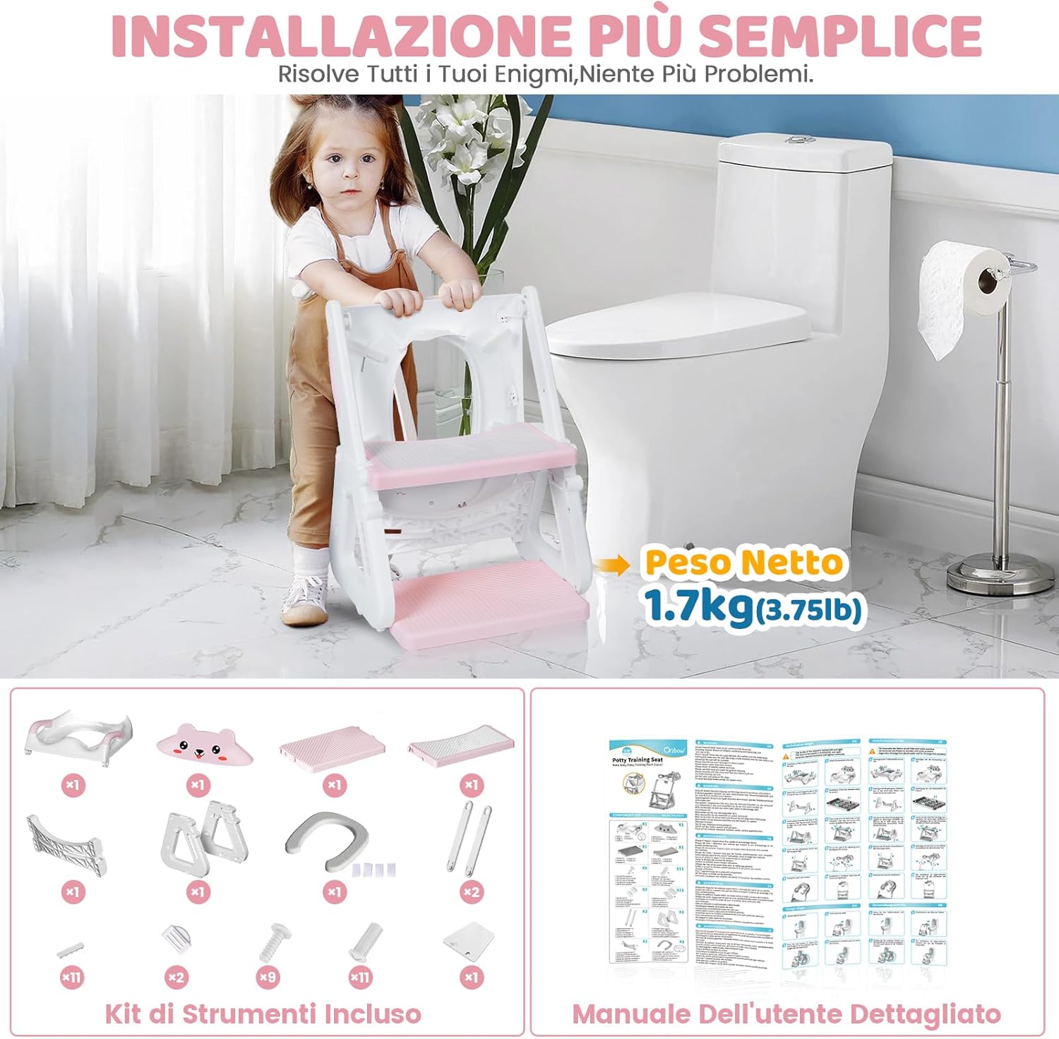 Thumbnail 5 de Riduttore Wc Bambini Orzbow Upgraded 2 in 1: Riduttore Triangolare, Pedale Allargato e Paraspruzzi, Rosa Orso