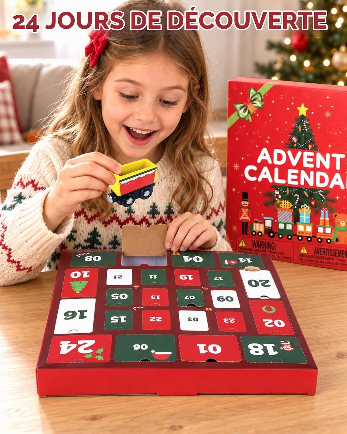 Detalle de Doviden MZ21 houten trein-adventskalender 2026 met magnetische wagons