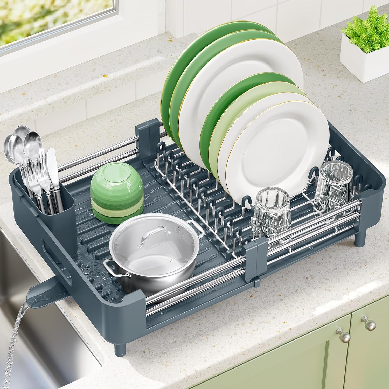 Thumbnail 1 de KINGRACK Extendable Dish Drainer Rack in Matte Green