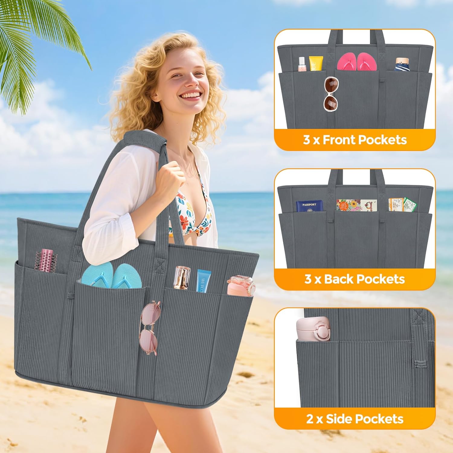 Detalle de TEUEN Große Strandtasche mit Reißverschluss, 45L – XXL Tote Bag aus Cordvelours für Strand, Einkauf und Alltag