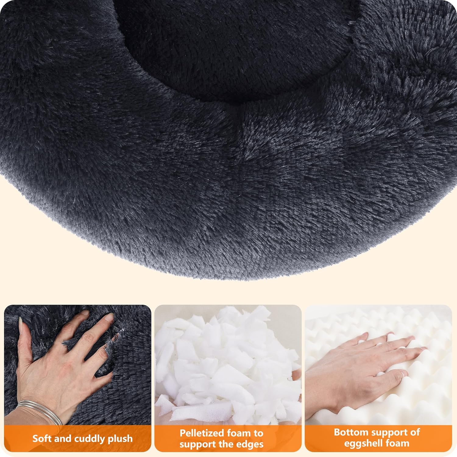 Detalle de HMTOPE Orthopädisches rundes Hundebett (Donut) – waschbarer Kuschelkob, 90 cm Ø, dunkelgrau