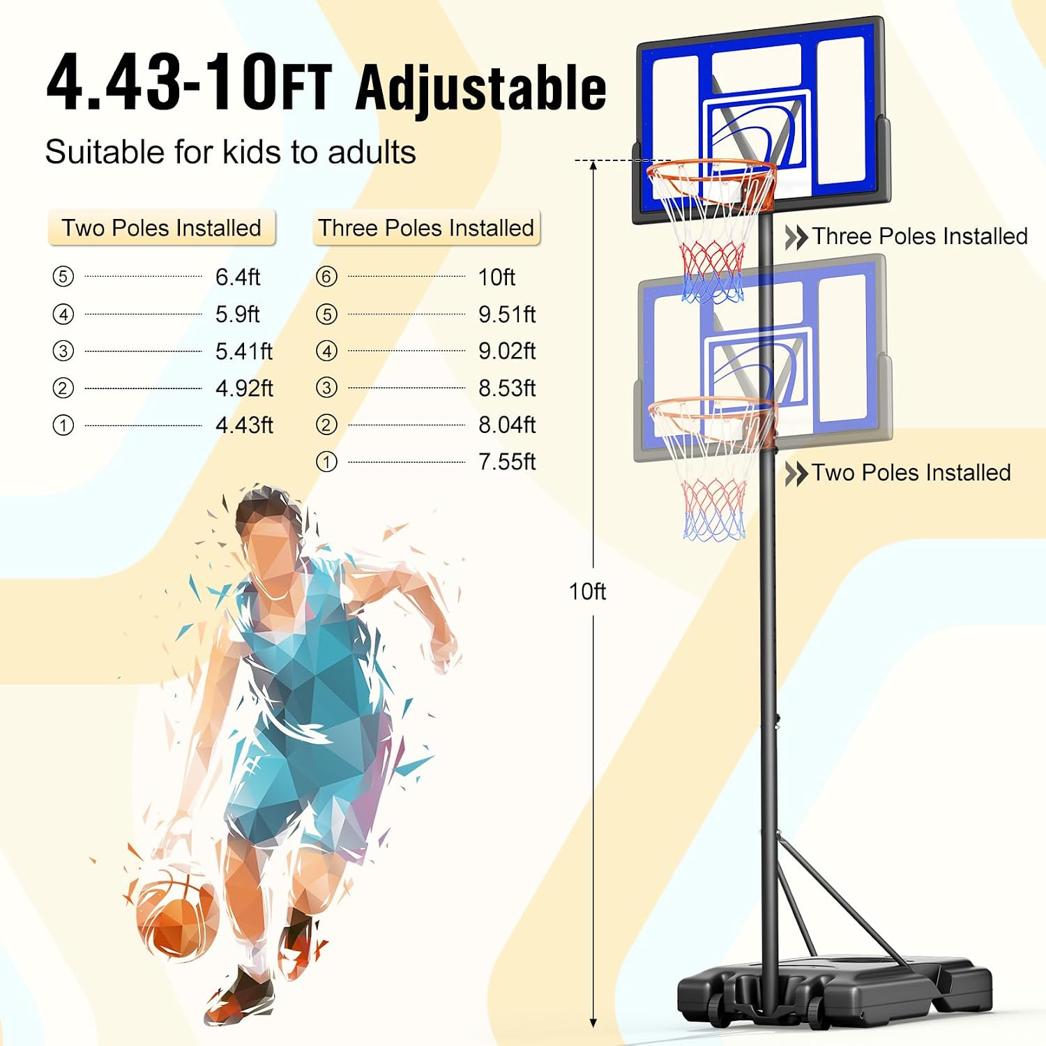 Detalle 2 de TONBUX M021A-2 Adjustable Basketball Hoop, 44-Inch Polycarbonate Backboard