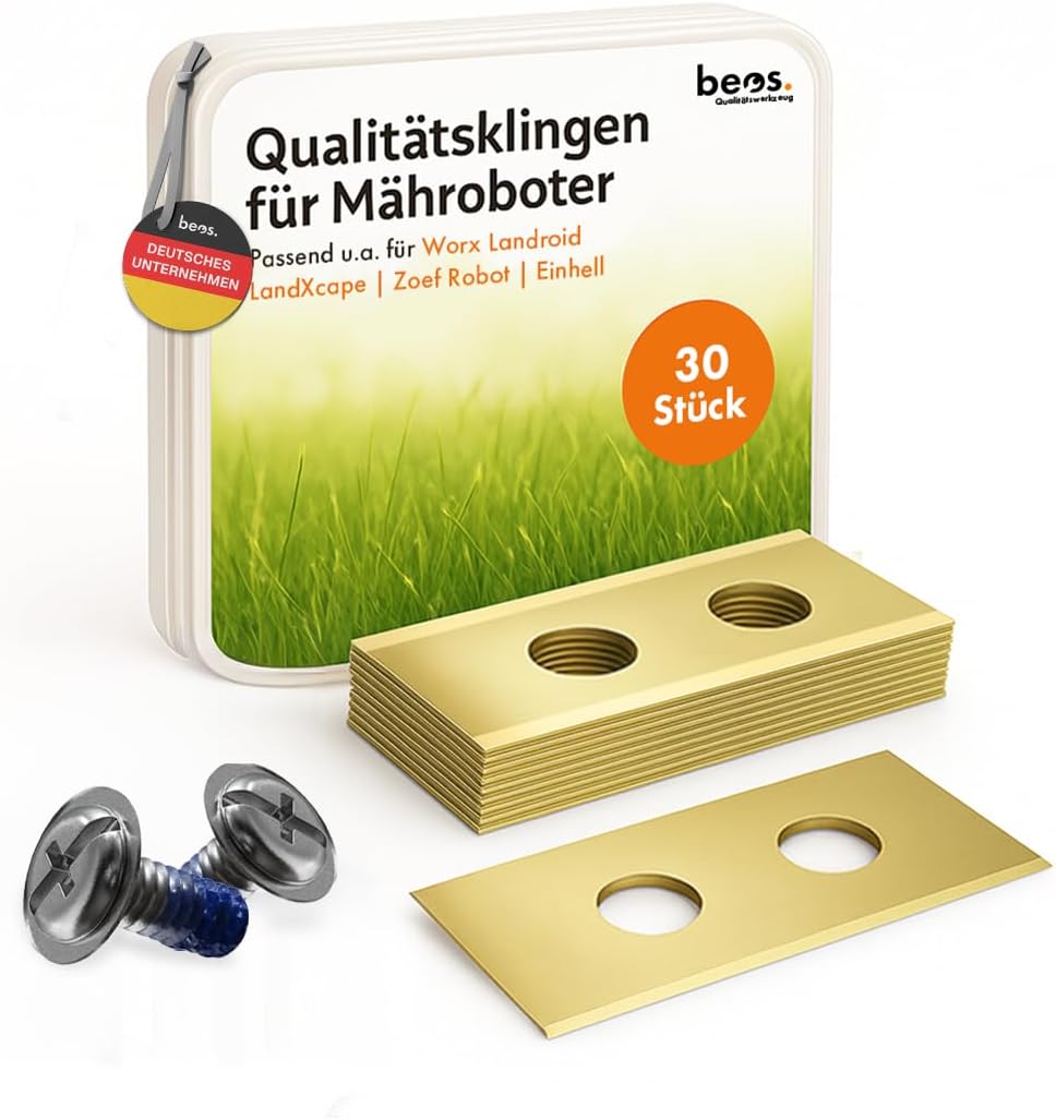 BEOS beos 30x Premium Titan Ersatzmesser inkl. Schrauben mit Sicherung – Ersatzklingen für Robotermäher (0,9 mm)