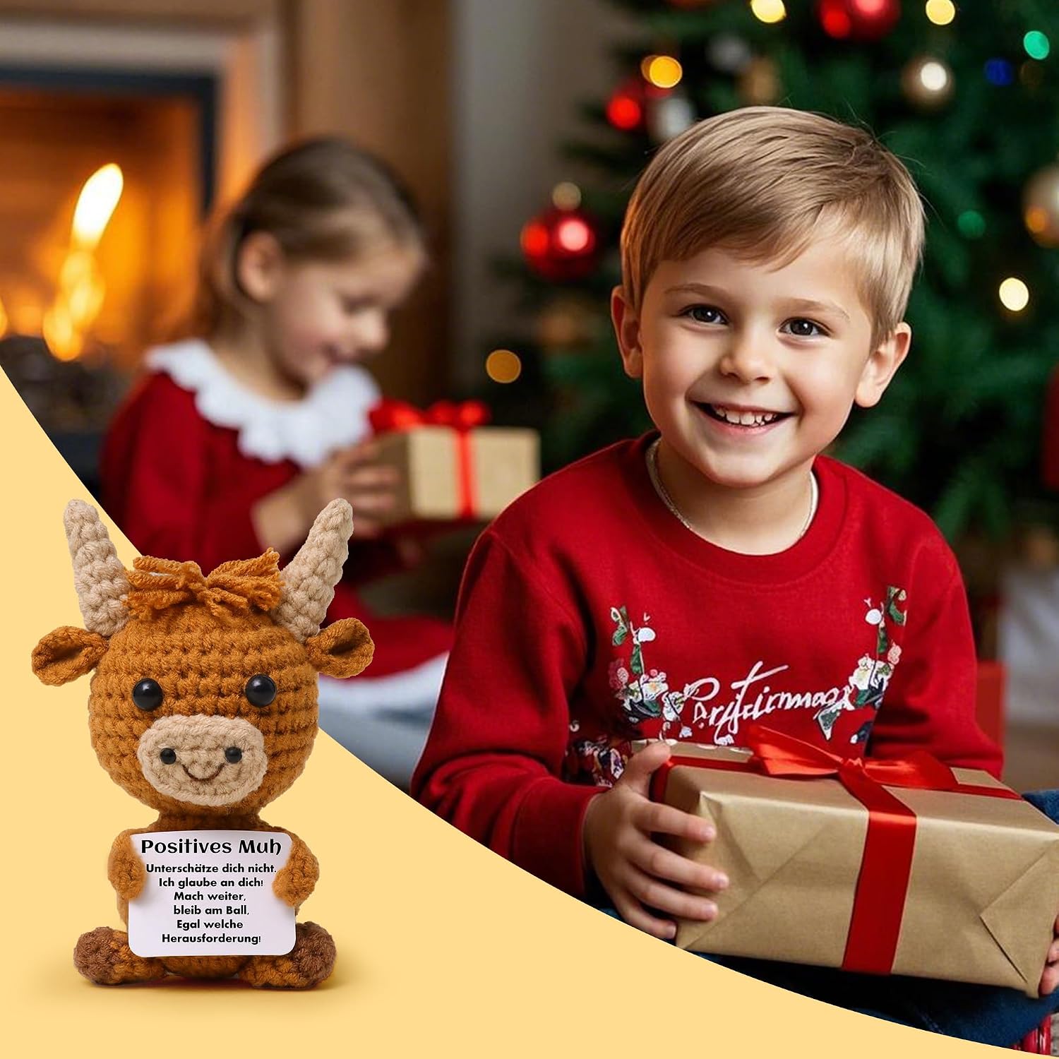Thumbnail 1 de Gehäkelte Highland Cow Kuh Mini-Strickpuppe mit positiver Energie Karte – Mini-Kuscheltier für Stressabbau