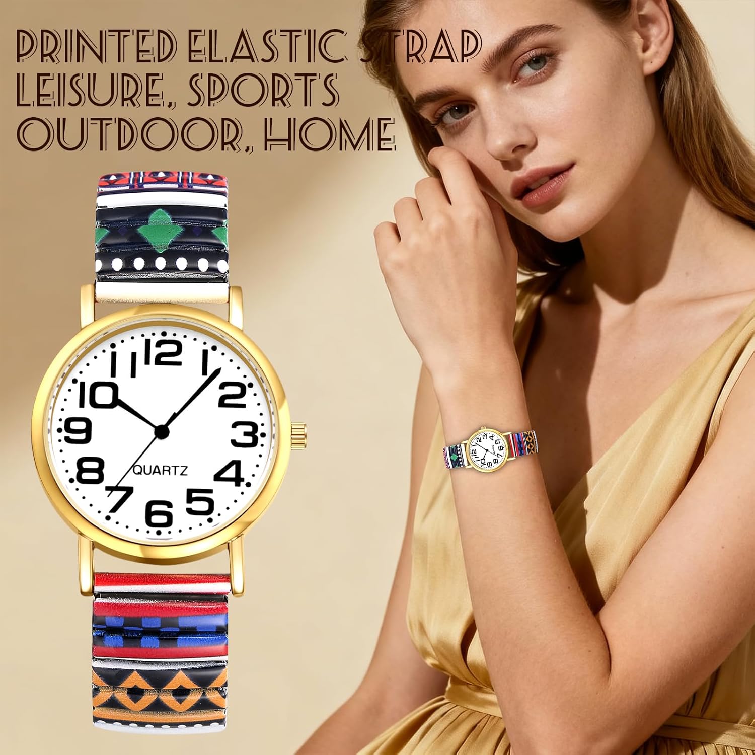 Thumbnail 5 de Avaner Damen-Armbanduhr im Boho-Stil mit elastischem Edelstahlband & großen arabischen Ziffern