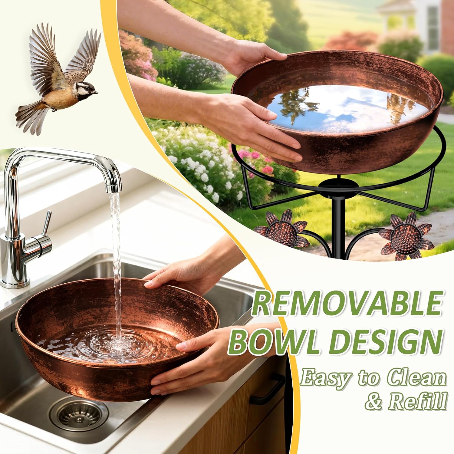 Detalle de LOVEBUY Metal Bird Bath -0518, 12-inch Removable Bowl, 5-Prong Stake