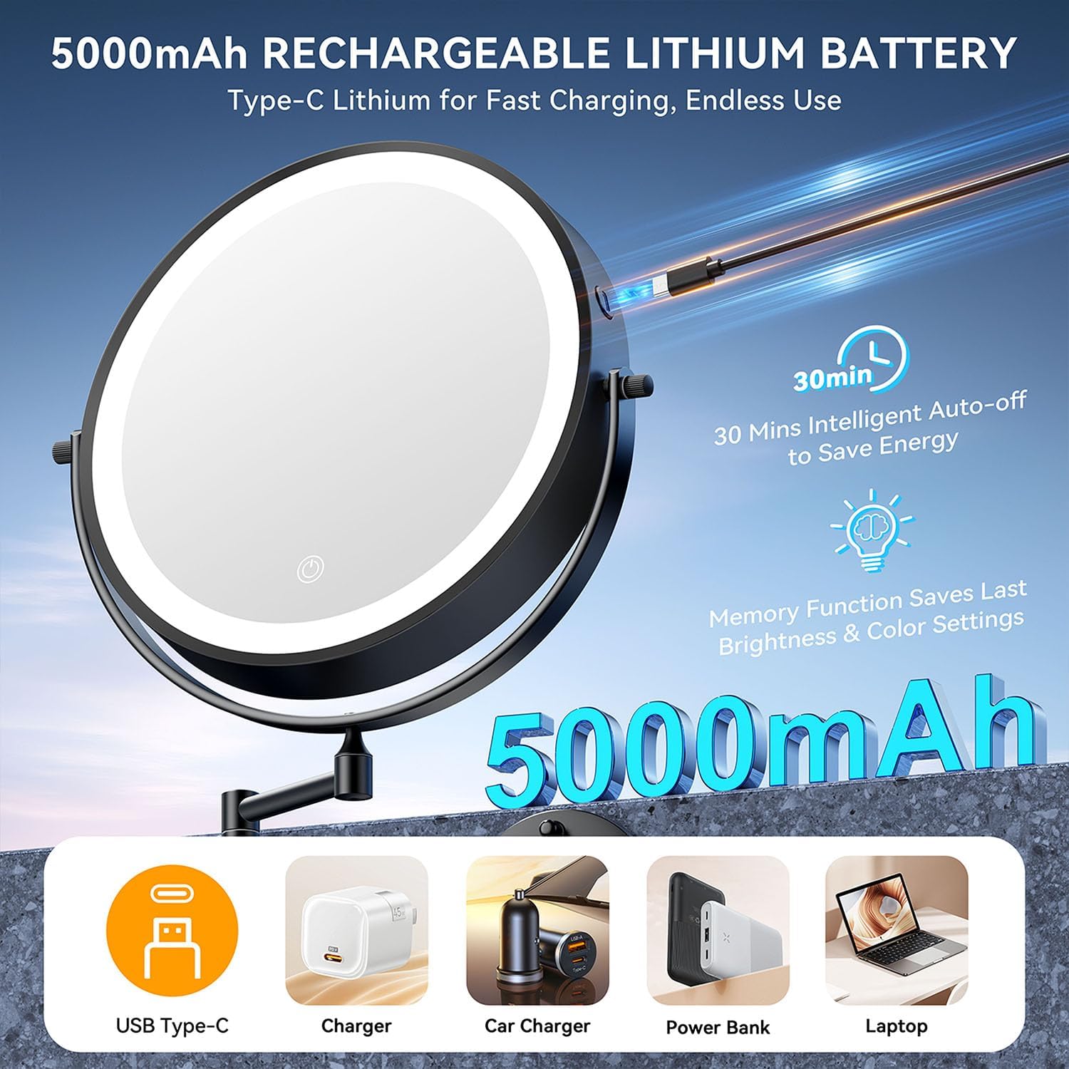 Detalle de Auxmir 10-Inch Wall Mounted Lighted Makeup Mirror with 30X/1X Magnification
