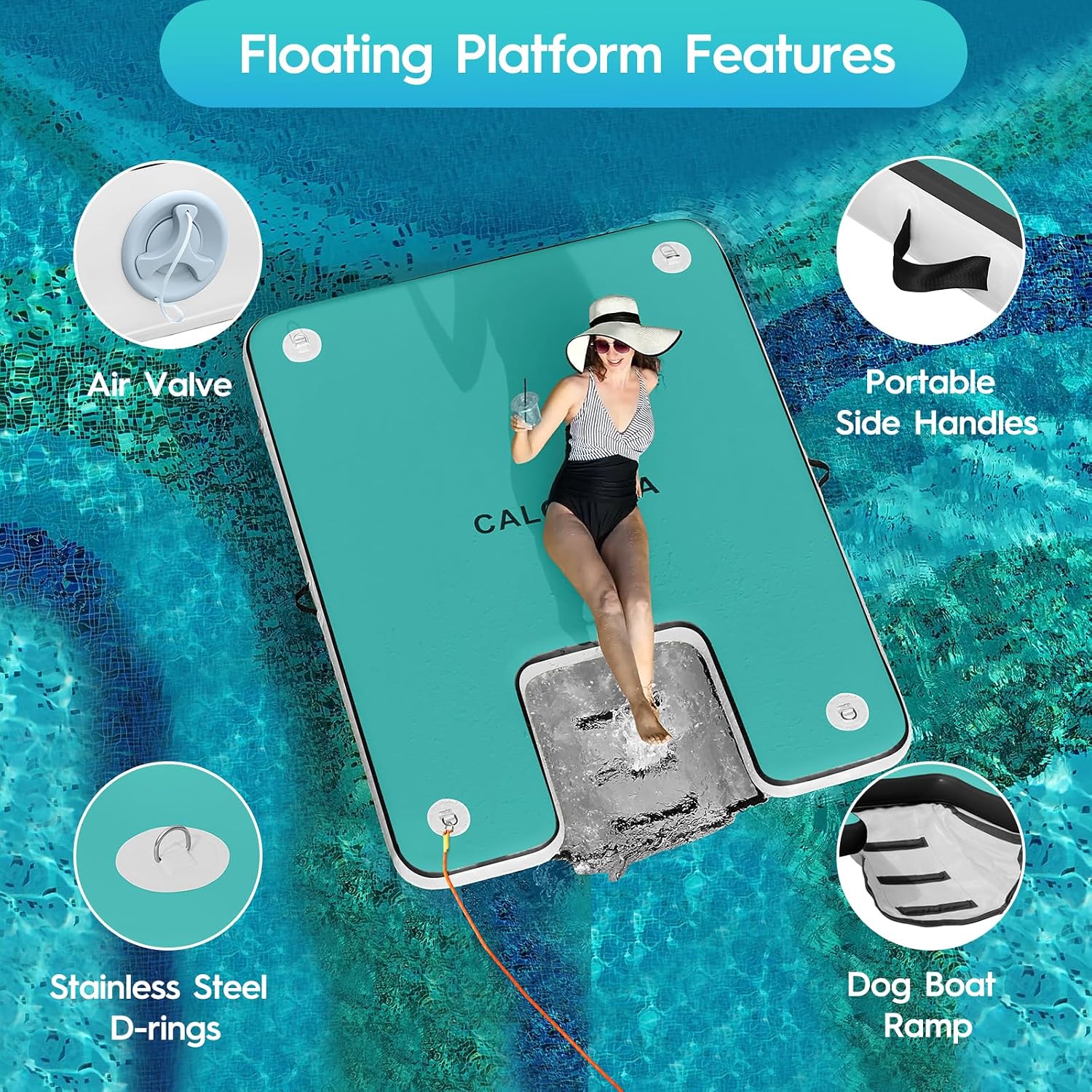 Detalle de CALOBANA Inflatable Floating Dock with Dog Ramp: Heavy-Duty Platform for Water Fun