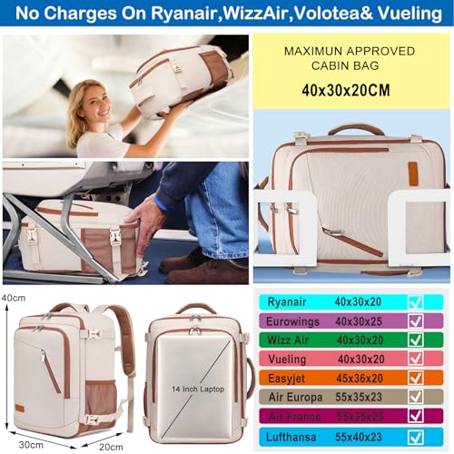 Detalle de WENIG Mochila de viaje cabina 40x30x20 cm con puerto USB para portátil 14" | Beige-marrón