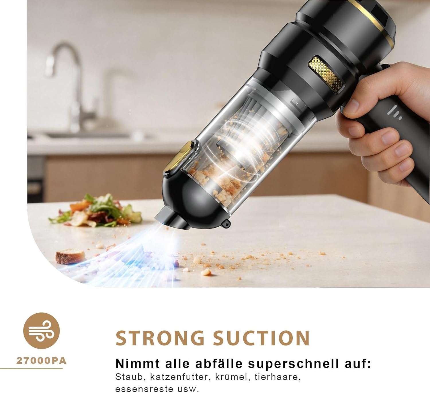 Detalle 2 de KITBEZN Handstaubsauger: Kabellos, 27 kPa, 135 W – 4-in-1 Mini Staubsauger für Auto, Haus und Tierhaare