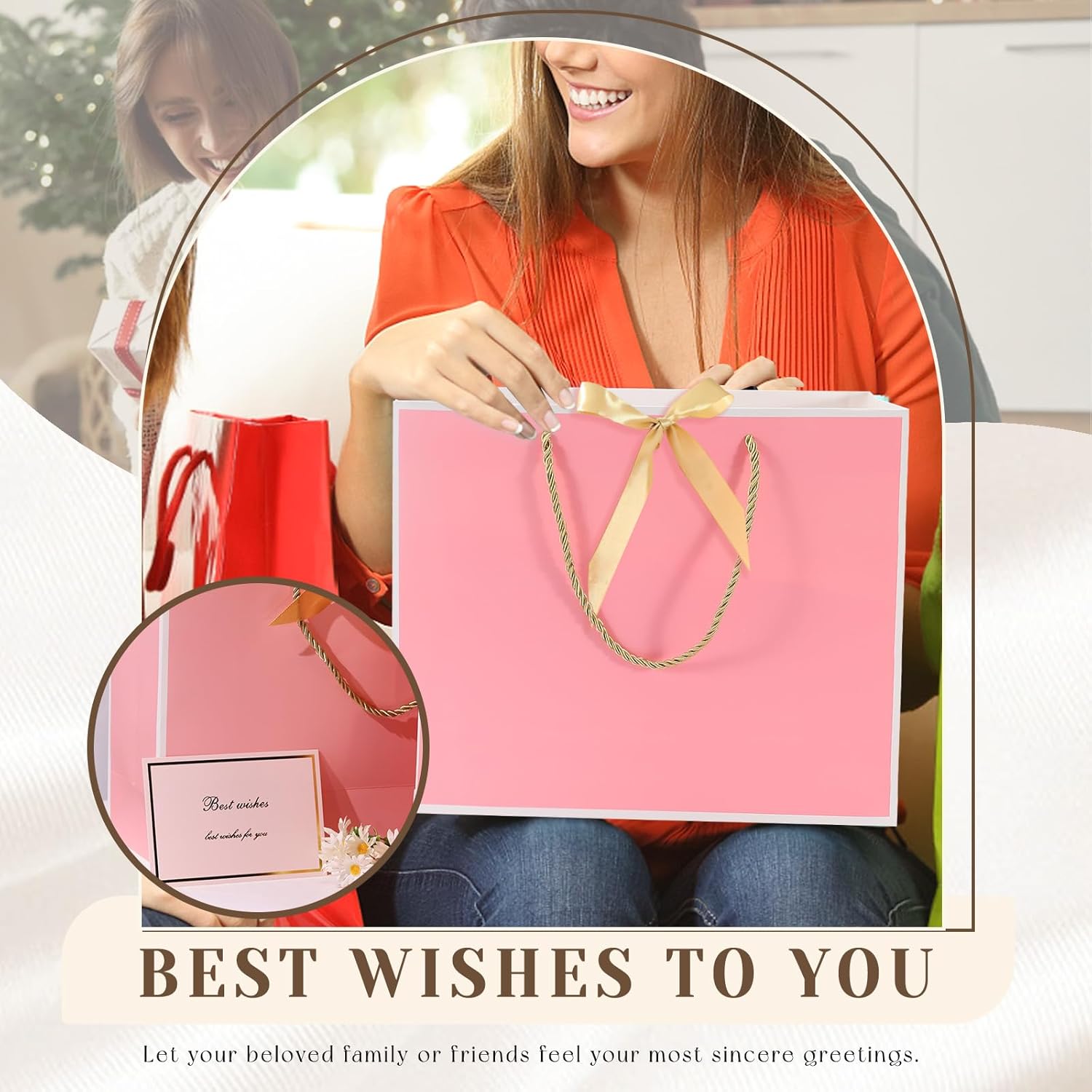 Detalle de Modixun Gift Bags 3-Piece Set: 32cm Large Gift Bags with Ribbon, Greeting Cards and Tissue Paper (Pink-White)
